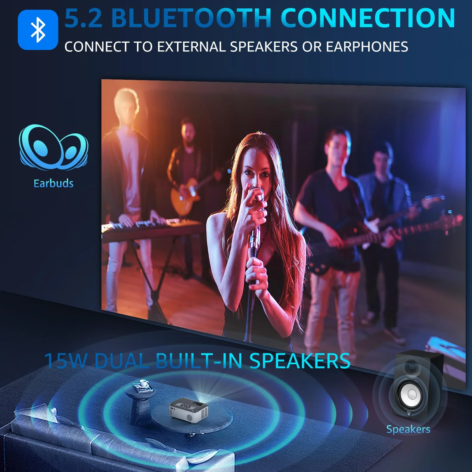 Projektor z Wi-Fi i Bluetooth, projektor zewnętrzny z ekranem 100 cali, projektor filmowy pericat 200 ANSI 1080P HD z wbudowanym głośnikiem 15 W, kompatybilny ze smartfonem, TV Stick, XBox, USB, HDMI
