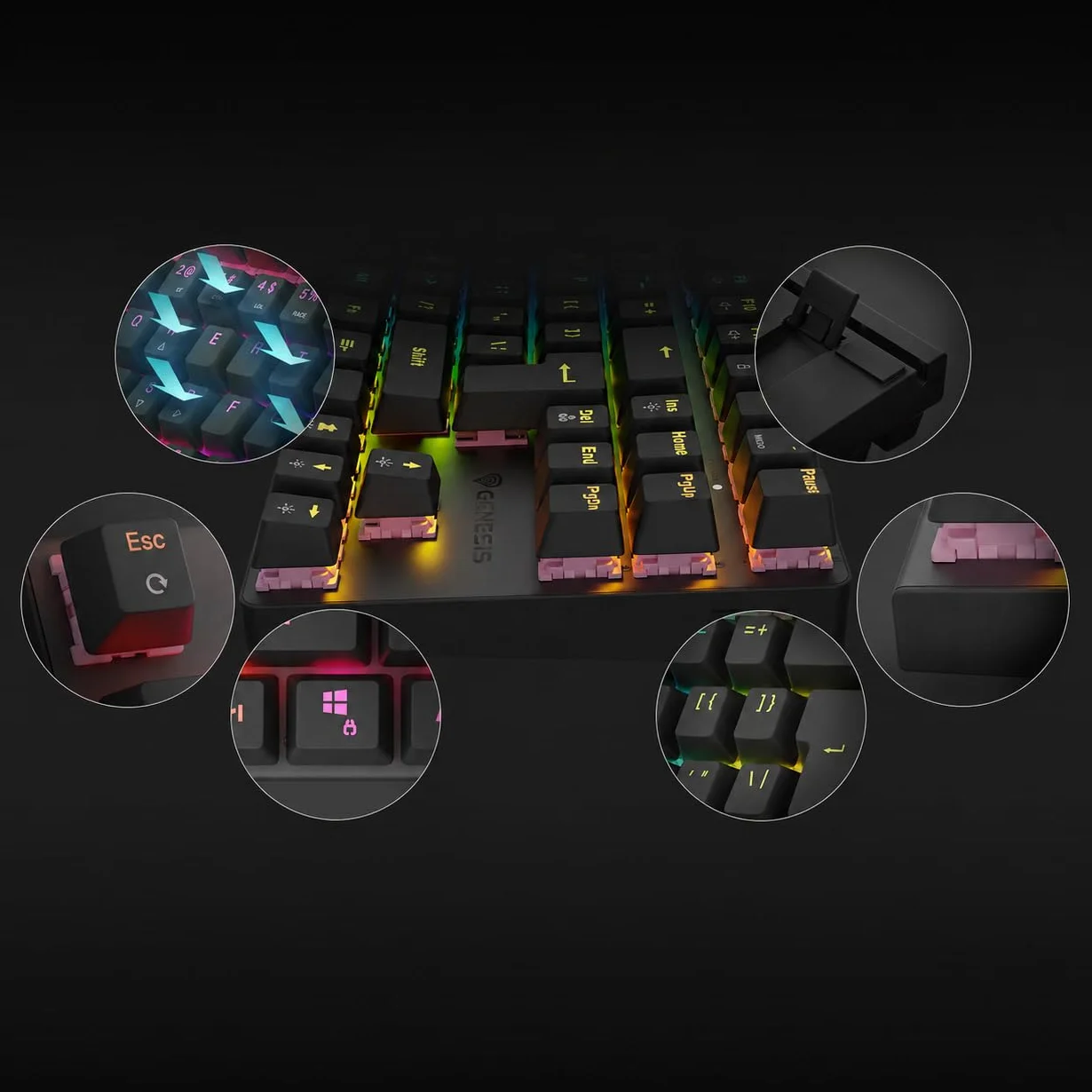 Genesis Thor 303 TKL mechaniczna klawiatura gamingowa QWERTZ, Brown Switch Gaming Keyboard 80%, Outemu Brown, Hot-Swap, oświetlenie RGB, 88 przycisków, Anti-Ghosting, USB-A, czarna