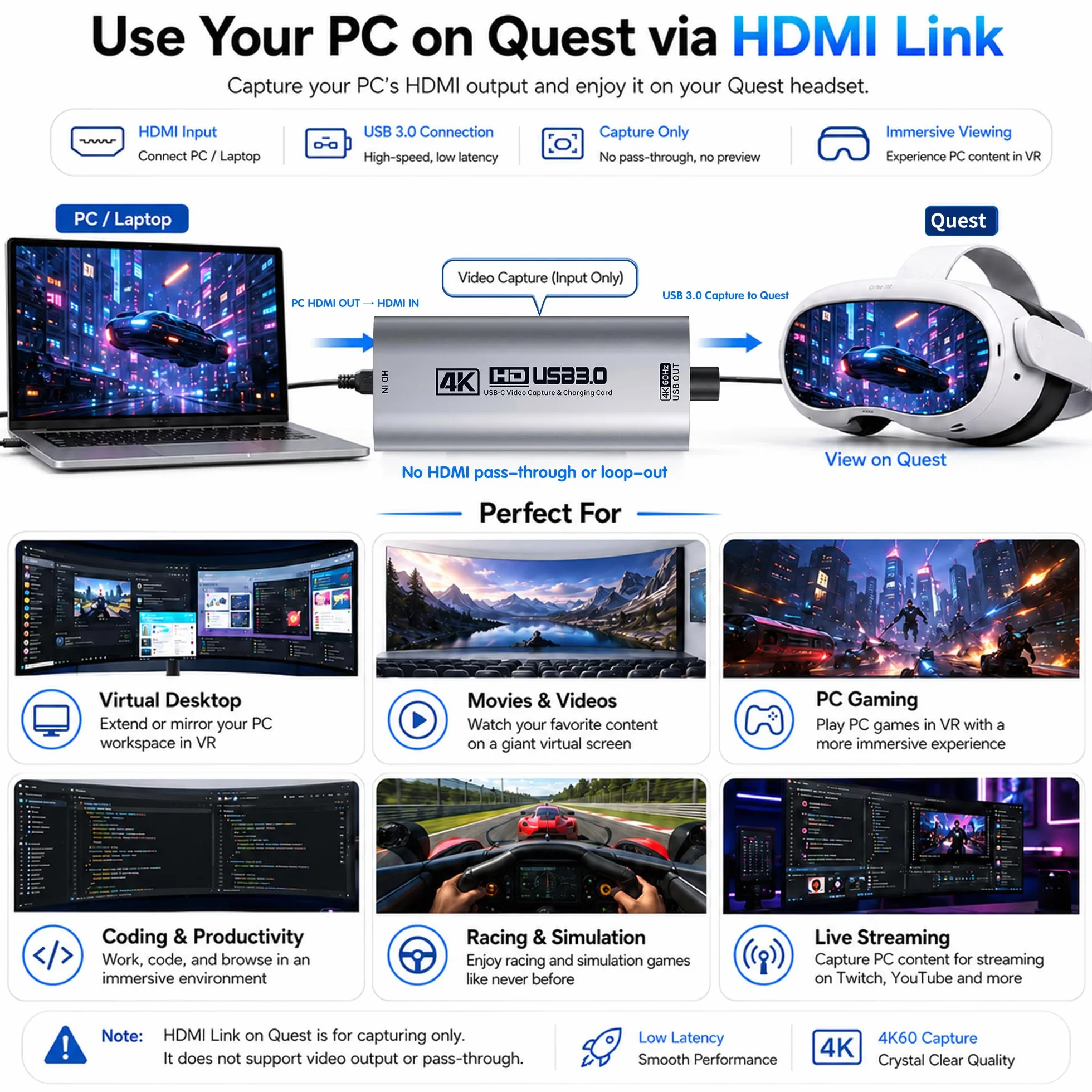Guermok, Karta przechwytująca HDMI, 4K60FPS / 2K120FPS, PD100W, USB3.0, 1 m | Streaming, nagrywanie i granie z niskim opóźnieniem, Obsługuje konsole przenośne, Plug & Play bez sterowników, kamery, PD100W
