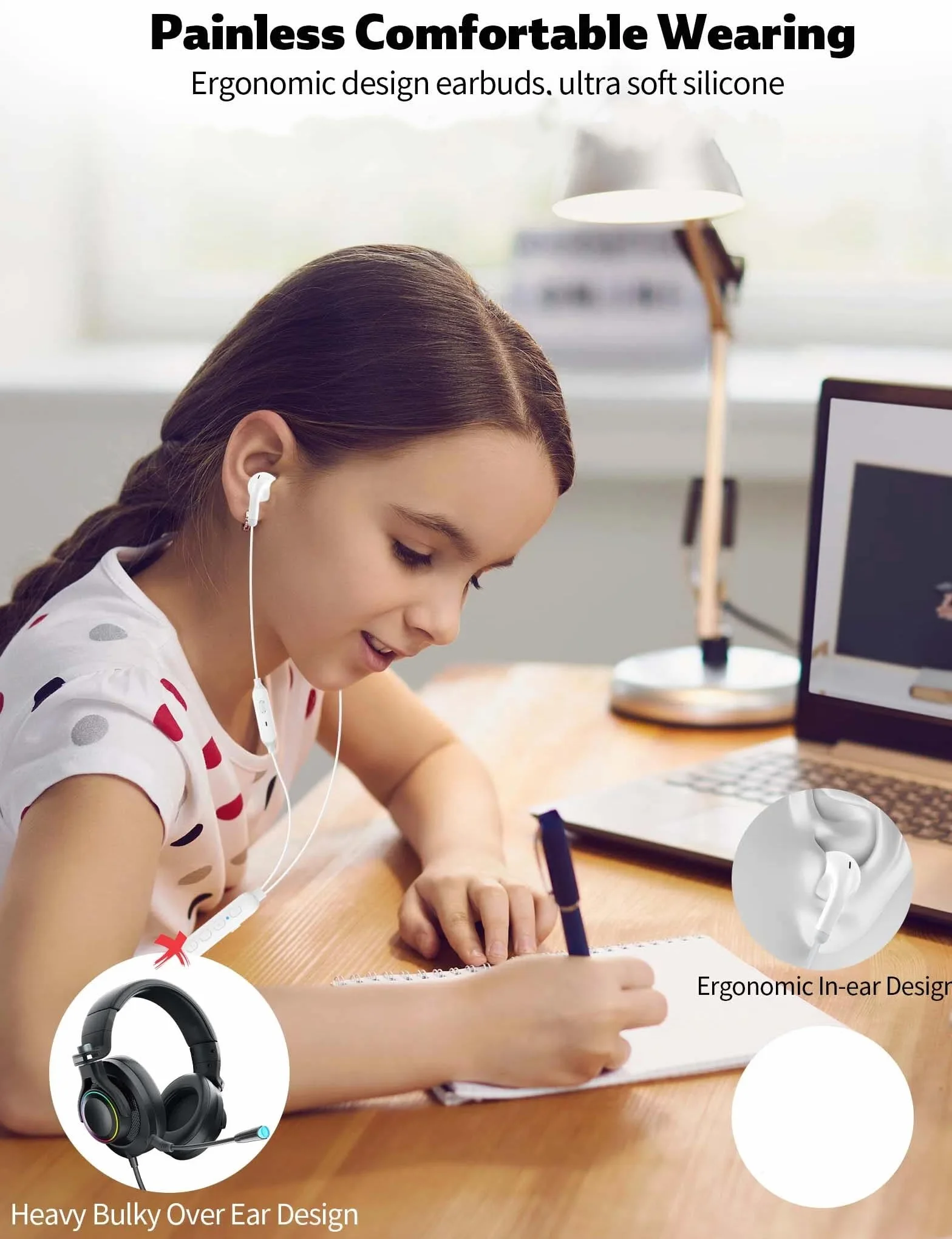 Słuchawki USB z zaprogramowanym trybem EQ, wyciszony mikrofon, regulacja głośności, USB A, słuchawki douszne z redukcją szumów, do komputera PC, zestaw słuchawkowy do MacBooka, Chromebooka, notebooka