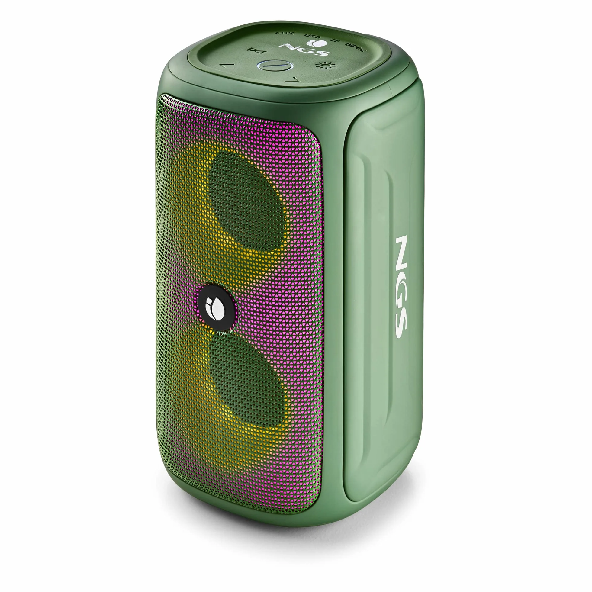 NGS ROLLER BEAST GREEN - Potężny przenośny głośnik o mocy 32 W, kompatybilny z technologią Bluetooth 5.0 i technologią TWA, z oświetleniem RGB, odporny na wodę i pył zgodnie z normą IPX5, z mikrofonem, funkcją hands-free, do 40 h pracy, kolor zielony.