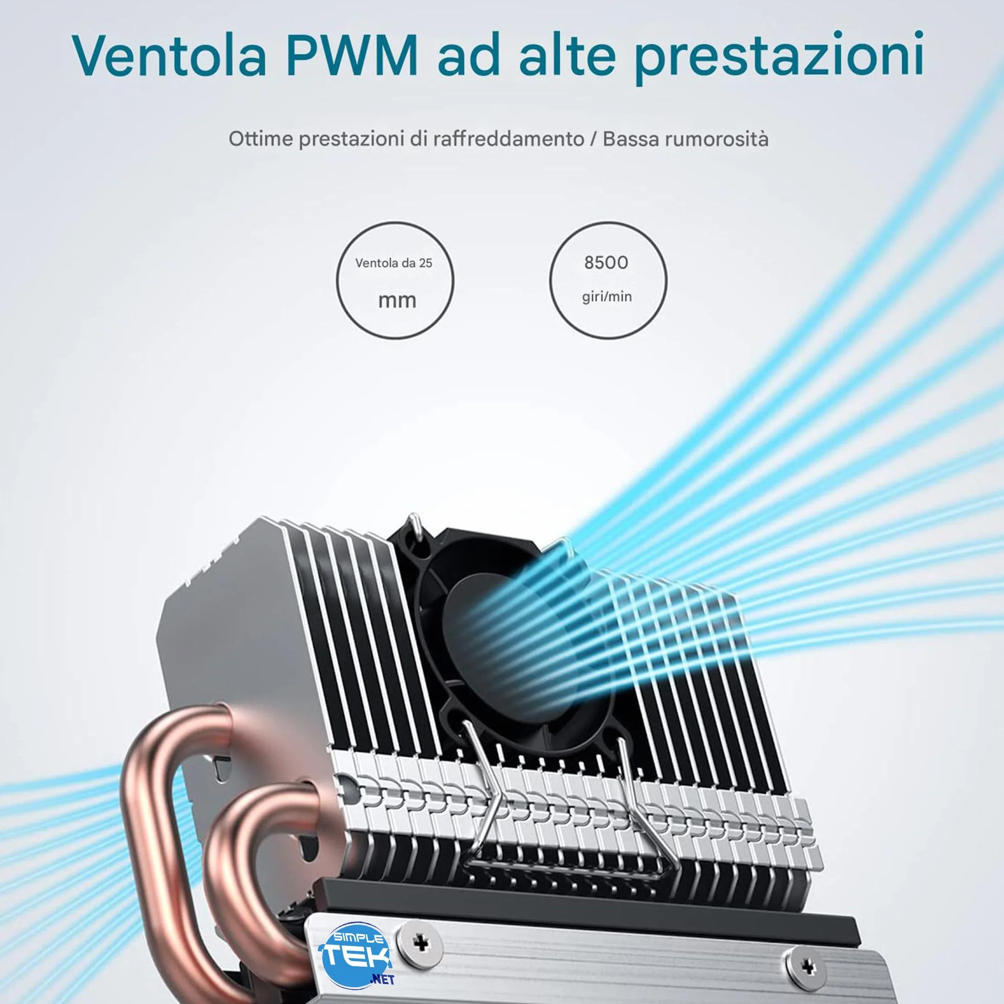 SIMPLETEK Aktywny radiator z wentylatorem do SSD M.2 2280 NVME / SATA – model G-M2HP04-F z rurą grzewczą i sterowaniem PWM