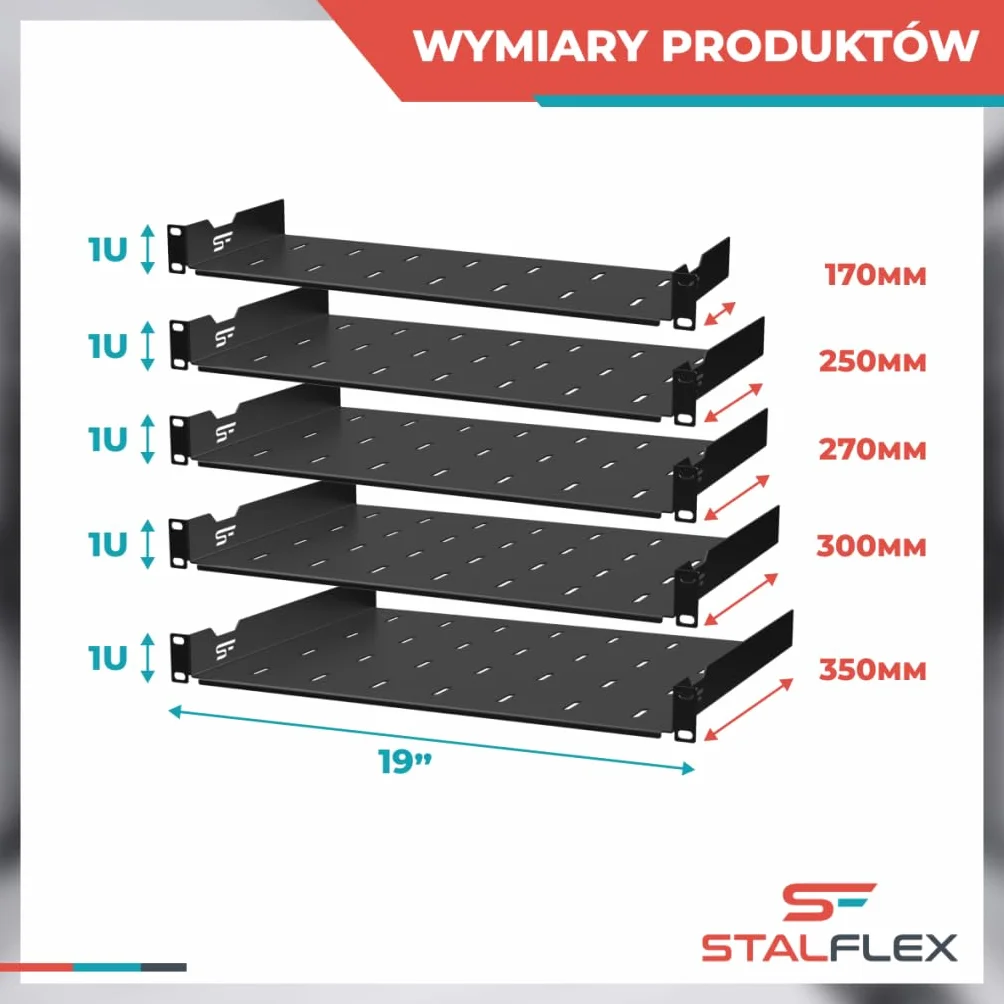 Półka Stała Standard Rack 19 cali 1U 350mm Metal Czarny Perforowana do Szaf Serwerowych Sieciowych