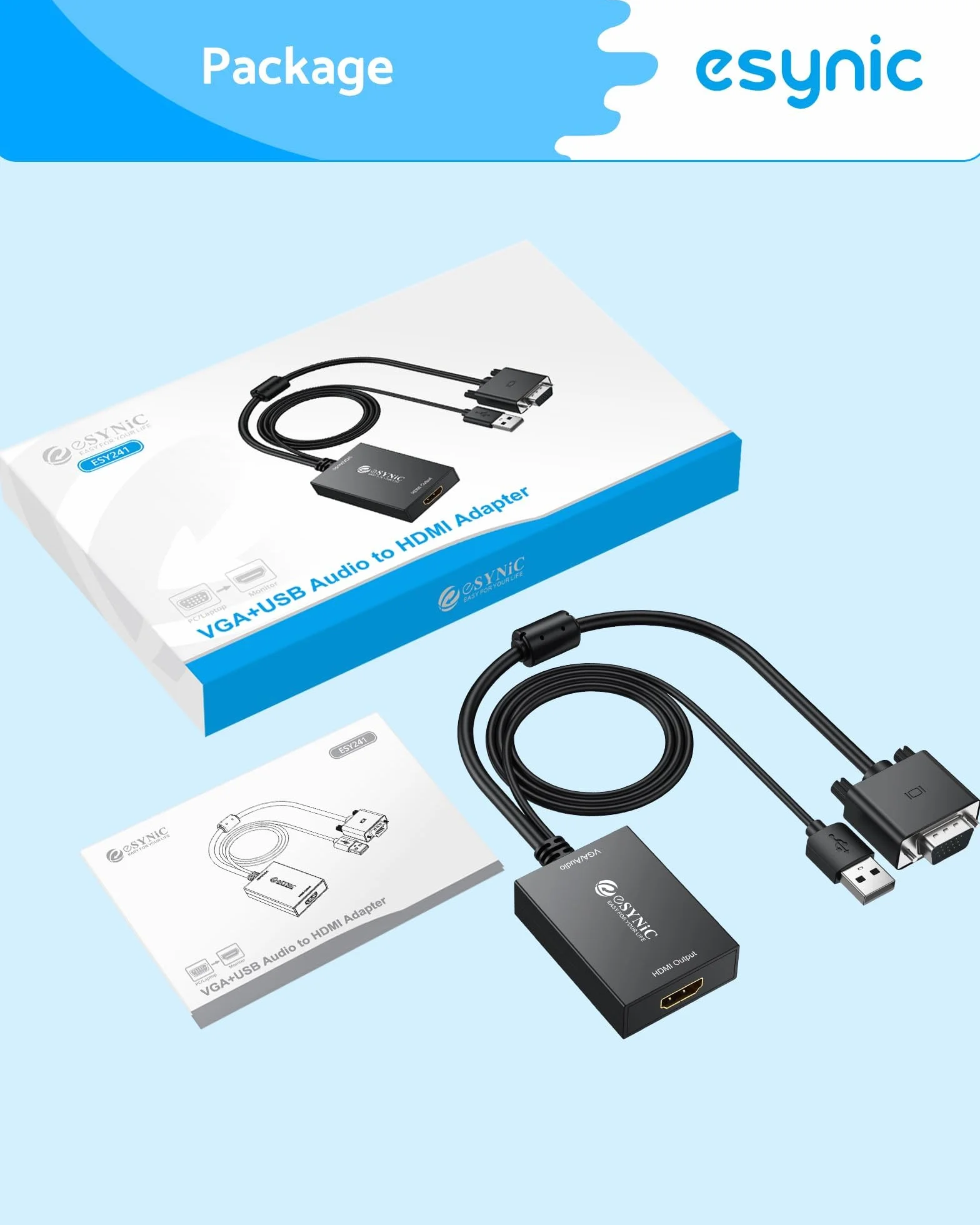 eSynic Adapter VGA na HDMI 1080p, nadaje się do komputerów stacjonarnych, laptopów, monitorów komputerowych, projektorów, telewizorów HD i innych urządzeń (1 metr)