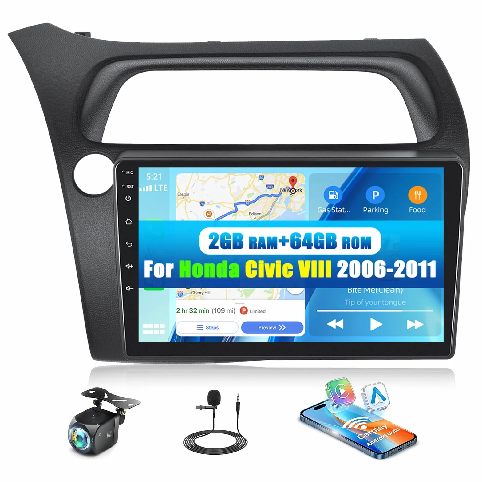 CAMECHO [2+64 GB] Android 15 CarPlay do Honda Civic VIII (2006–2011) radio samochodowe z nawigacją bezprzewodowym Android Auto ekranem dotykowym 9″ WiFi Bluetooth MirrorLink FM/RDS + kamera cofania