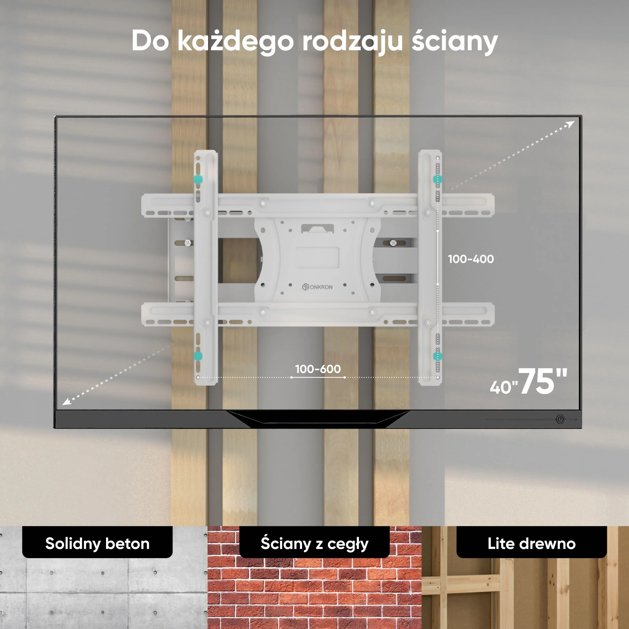 ONKRON M7L uchwyt ścienny do telewizora 40-75 cali uchwyt ścienny do płaskich i zakrzywionych LED LCD QLED OLED monitory wychylne (180°) nachylenia (-5° … +15°) wysuwany (110-711 mm) VESA biały