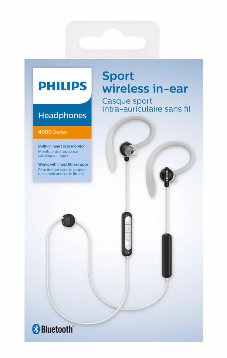 Philips A4205BK Bezprzewodowe sportowe słuchawki Bluetooth w uchu (Monitor tętna, Mikrofon, Sterownik Neodymowy 10 mm, Wodoodporny IPX5, Szybkie ładowanie)