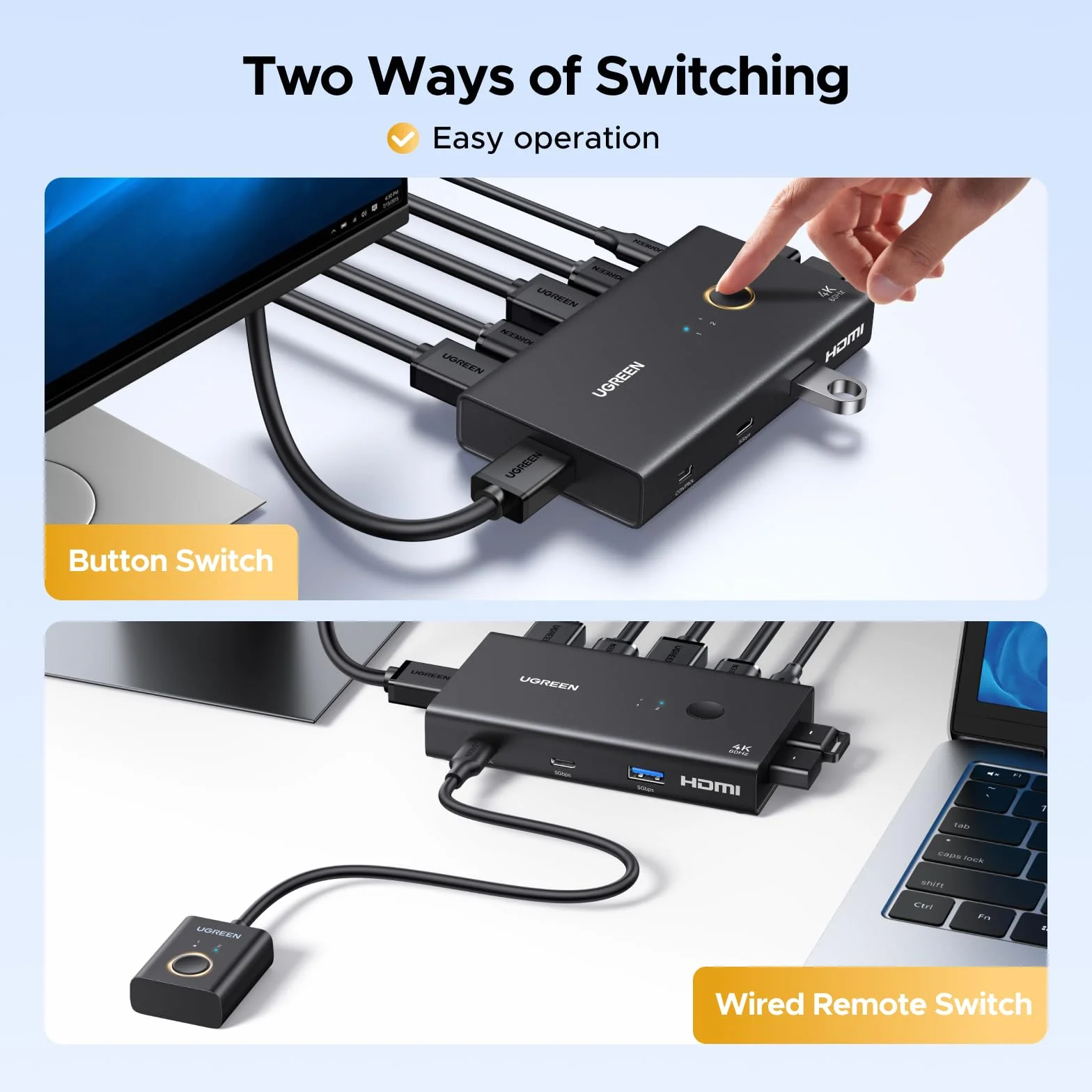 UGREEN Przełącznik KVM HDMI 2.0 2 komputery 1 monitor 4K@60Hz z 4 portami USB 3.0 (3*USB A+ USB C) Przełączanie klawiatury i kontrolera pulpitu Kompatybilny z systemami Windows/Linux/MacOS