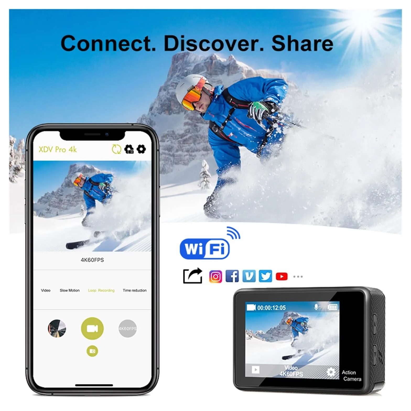 Kamera sportowa ze stabilizacją obrazu, Kamera akcji 60 klatek na sekundę 4K 16 MP 2,0-calowy wyświetlacz LCD EIS 4-krotny zoom Nagrywanie wideo 30 m Wodoodporny kask sportowy Go Pro Cam Wysoka liczba