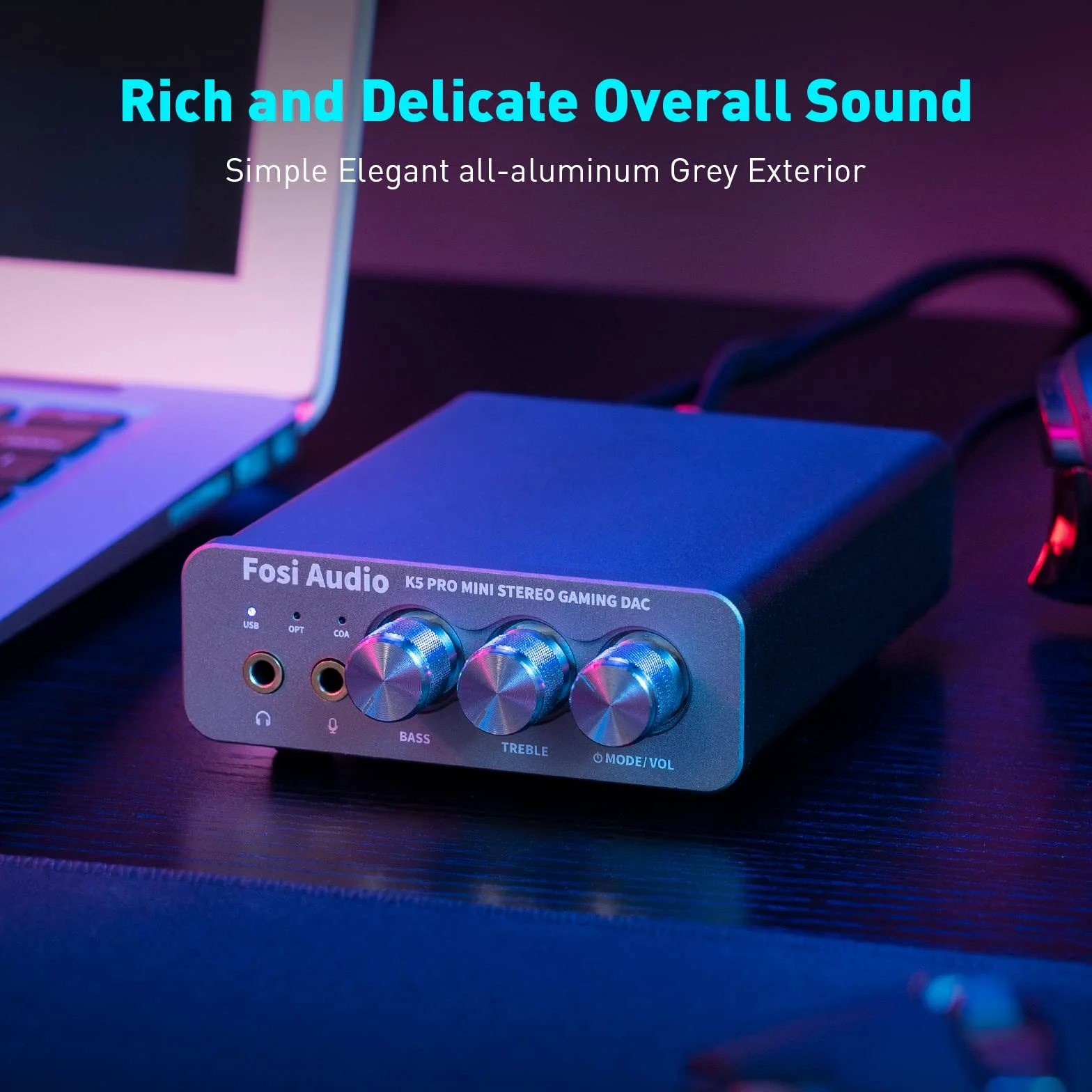 Fosi Audio K5 Pro Gaming DAC Wzmacniacz słuchawkowy Mini Hi-Fi Stereo Cyfrowo-analogowy konwerter audio USB typu C/koncentryczny na RCA/optyczny/3,5 mm AUX na PS5/PC/MAC/komputer