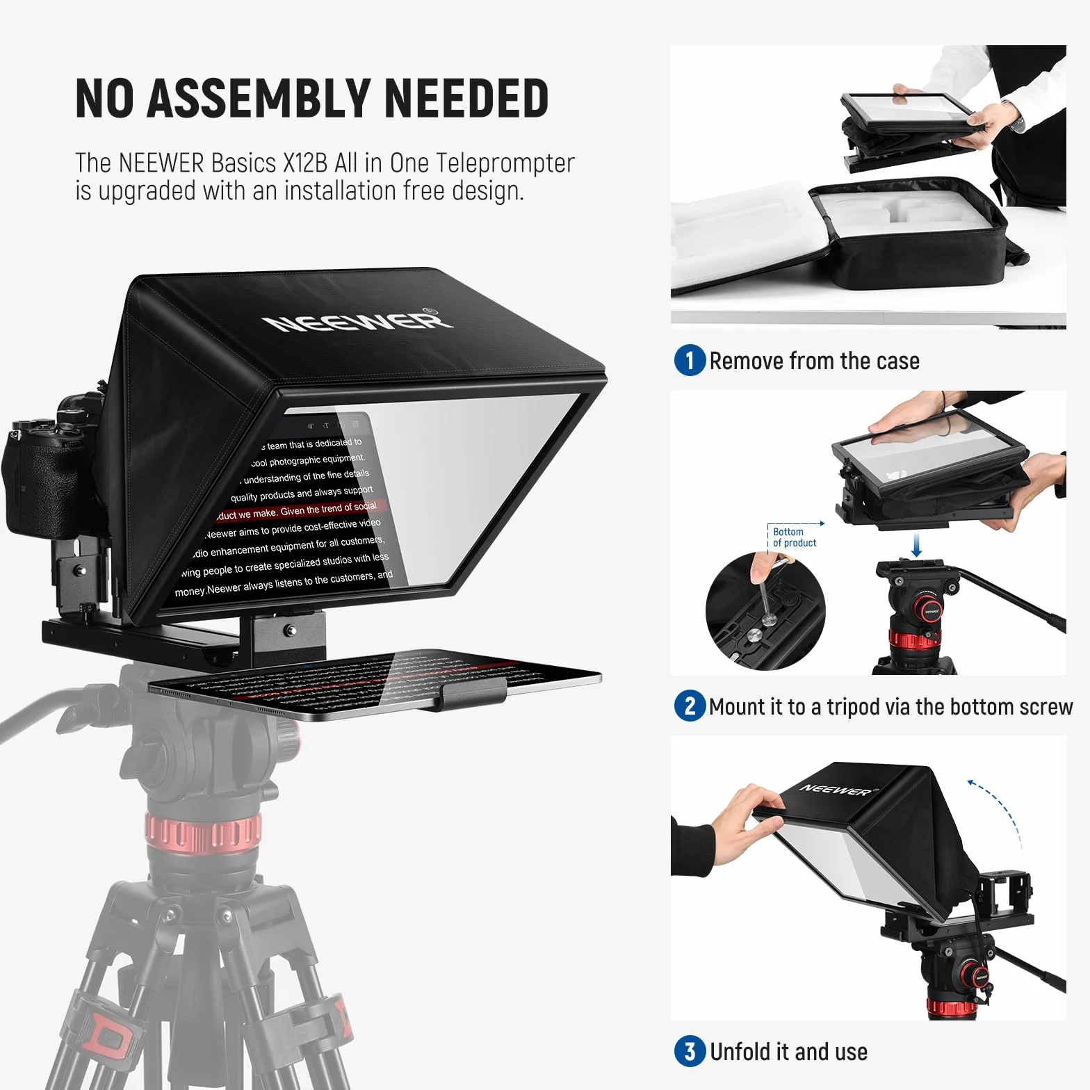 NEEWER BASICS X12B podnoszony teleprompter ze stopu aluminium 12" do iPada, tabletu, telefonu, lustrzanki, pilota zdalnego sterowania i sterowania aplikacją, kompatybilny z systemem iOS Android, Pro