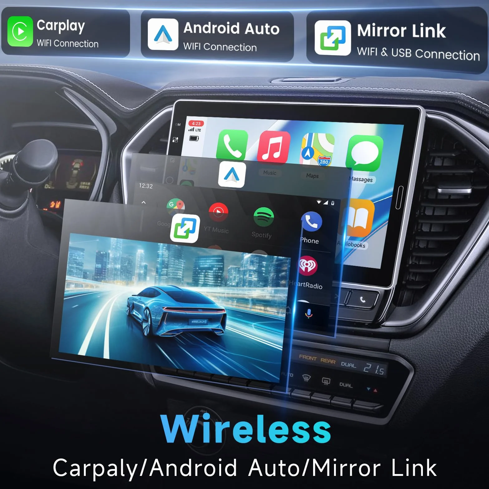 Hodozzy Radio samochodowe 1 DIN z ekranem 10,1 cala, bezprzewodowy Carplay, Android Auto, radio ekran dotykowy 1 Din Bluetooth AM/FM/RDS, MirrorLink EQ USB/AUX odtwarzanie wideo online + kamera