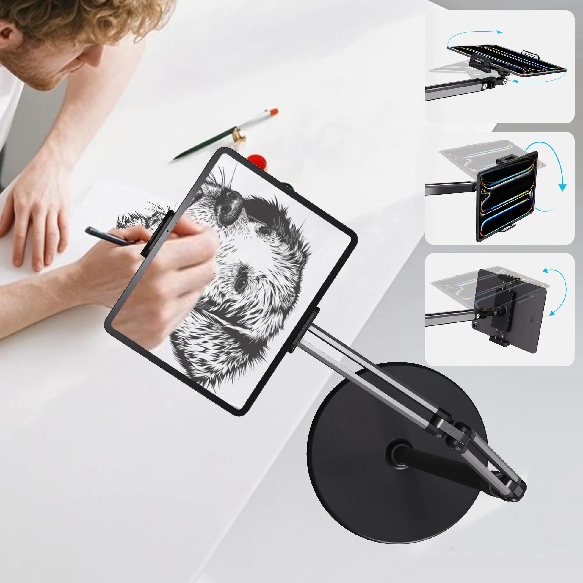 Stojak na tablet iPad podłogowy stojak na telefon do łóżka, spotkania, vlogowania, kompatybilny z Kindle, Galaxy Tab, regulowana wysokość, uchwyt na tablet z bardzo długim ramieniem, obracany