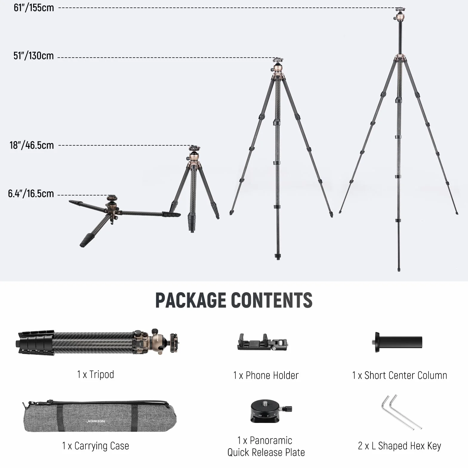 NEEWER LITETRIP LT35 statyw podróżny 155 cm węglowa głowica kulowa niskoprofilowa, płyta Arca kompatybilna z Peak Design V3, oś środkowa, uchwyt z zaciskiem do telefonu komórkowego 2w1, maks. 10 kg