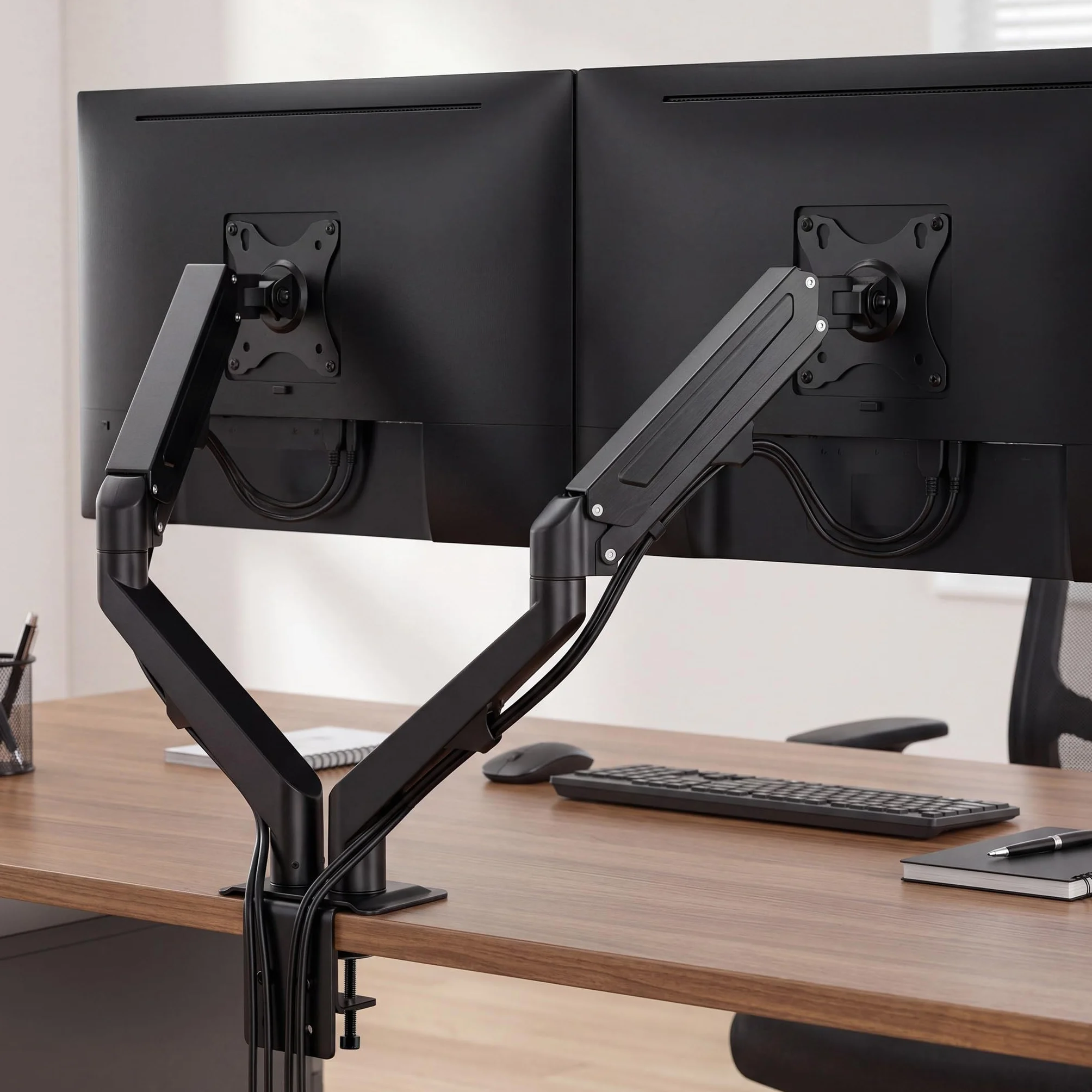 Wiltec Podwójny uchwyt monitorowy z sprężyną gazową do dwóch monitorów 17-27 cali Uchwyt stołowy VESA