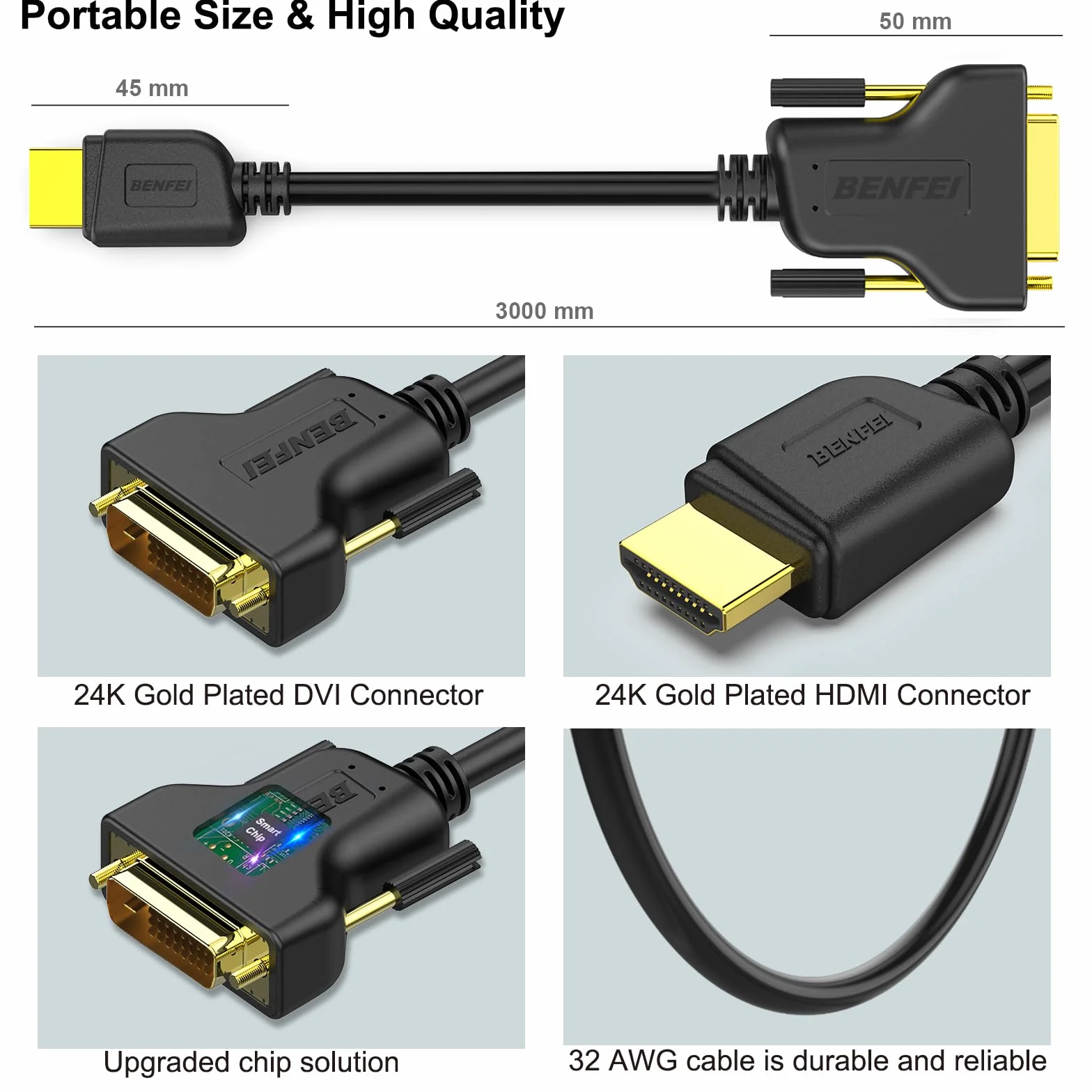 BENFEI Kabel HDMI na DVI, 3 m, dwukierunkowy DVI-D 24+1, męski na HDMI, kabel przejściowy, wysoka prędkość, kompatybilny z 1080p Full HD, kompatybilny z Raspberry Pi, Roku, Xbox One, PS4 PS3