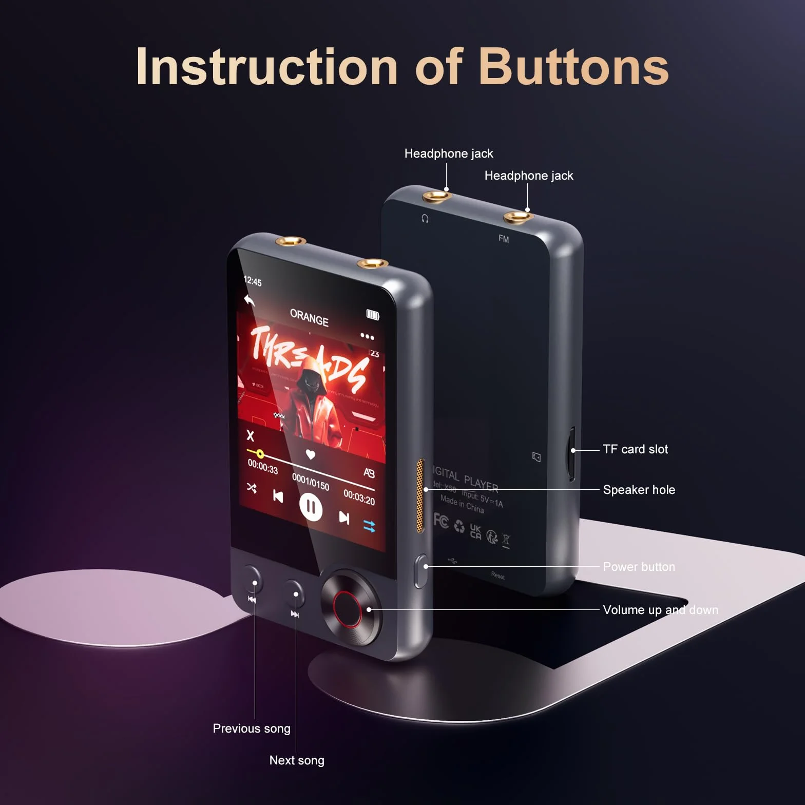 Odtwarzacz MP3 128 GB z Bluetooth 5.3, Przenośny odtwarzacz muzyczny z pełnym 2,4 cala, odtwarzacz MP3 z radiem FM, nagrywaniem głosu, słuchawkami