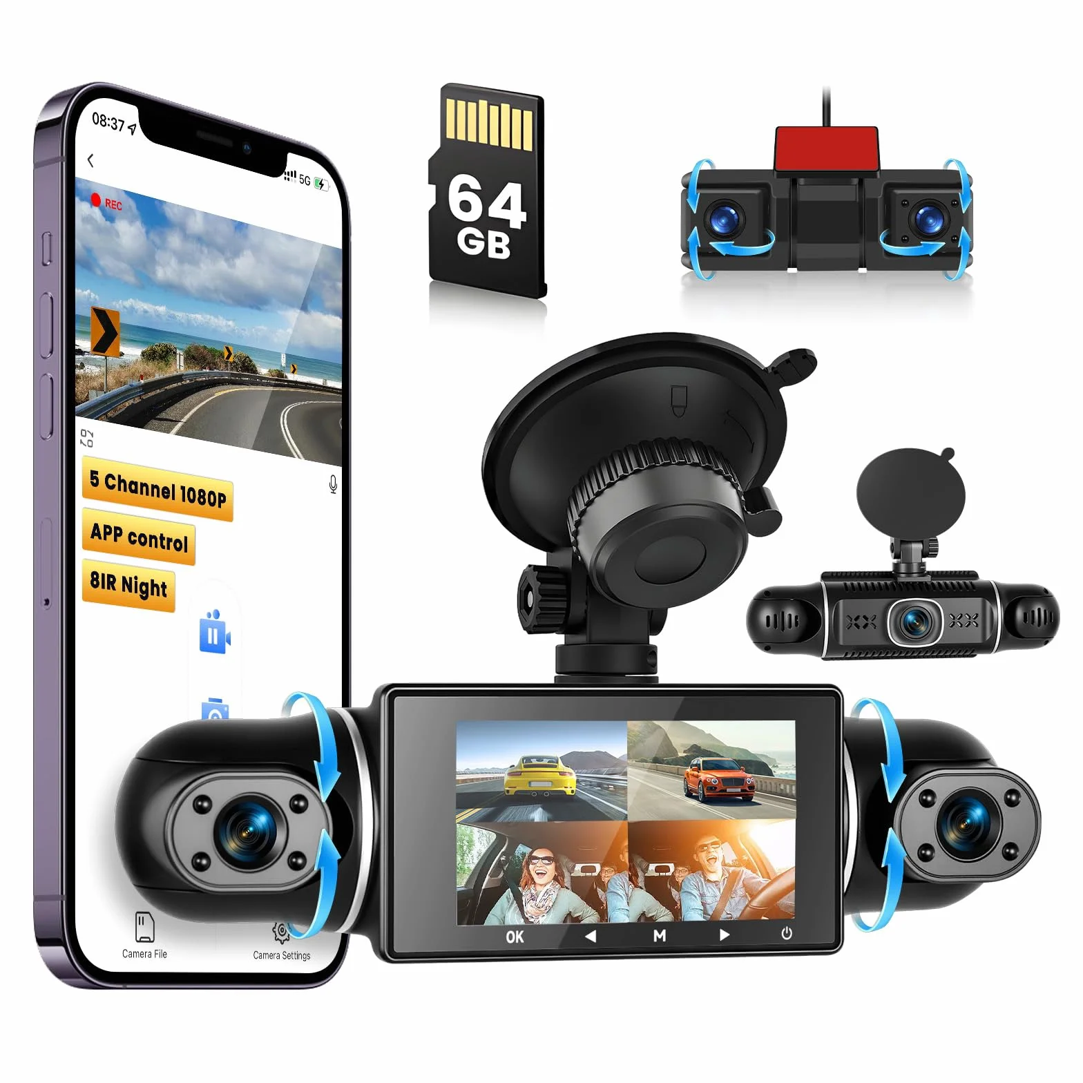 Kamera samochodowa 2K z 5 kamerami, Wi-Fi, noktowizor, nagrywanie 360°, nagrywanie w pętli, monitorowanie parkowania, nagrywanie wypadków, czujnik G, sterowanie aplikacją, noktowizor, kamera samochodo