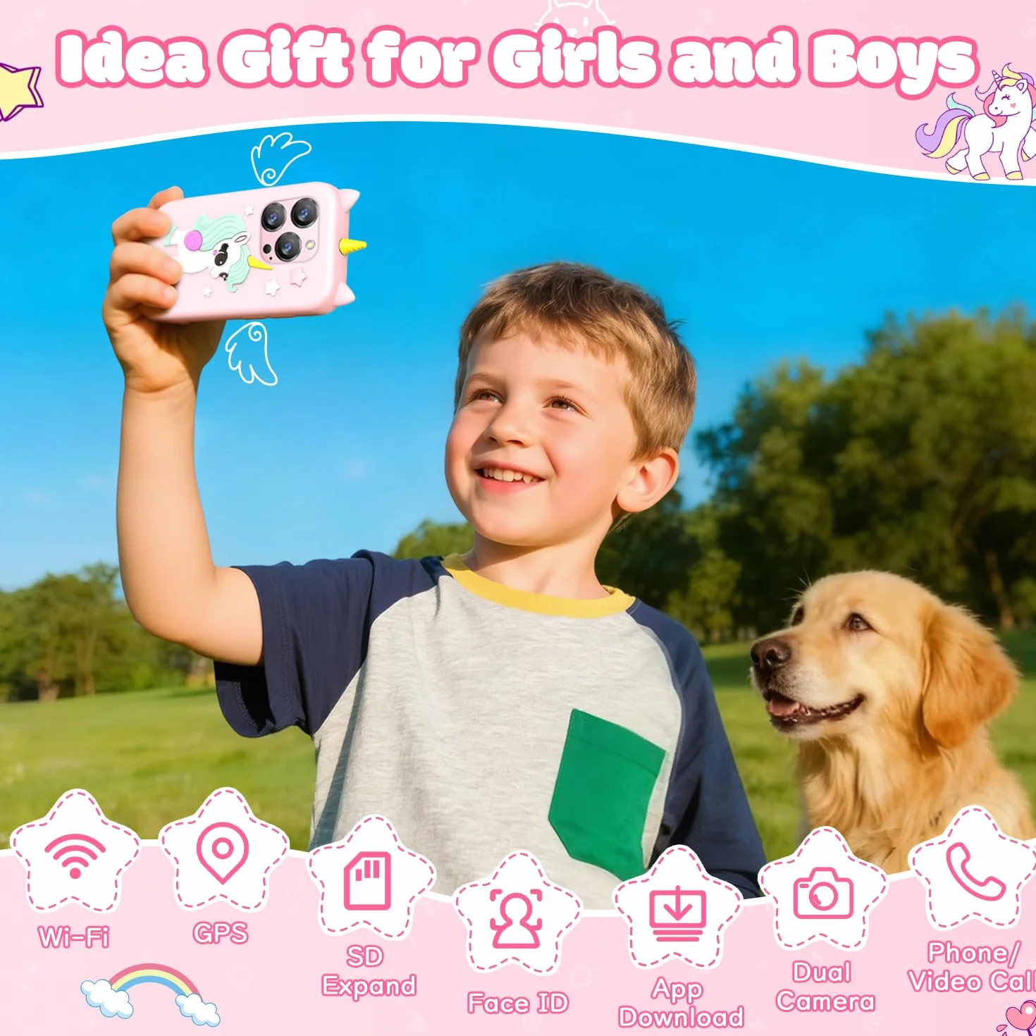 Mini smartfon jednorożec, 3-calowy ekran dotykowy HD, smartfon dla dzieci, podwójny aparat, rozpoznawanie twarzy, MP3/GPS, programowane włączanie/wyłączanie, odblokowany mały smartfon prezent