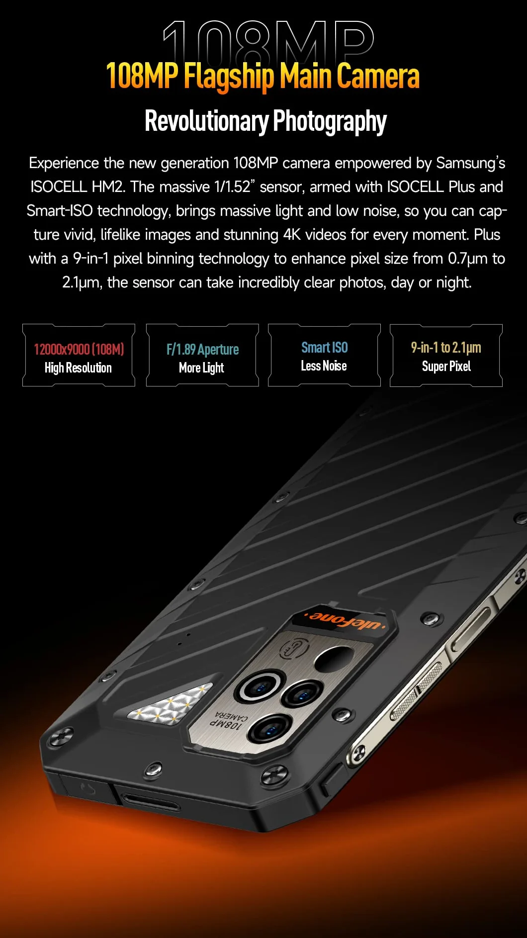 Ulefone Niezniszczalny smartfon Power Armor 19, aparat 108 MP, 12 GB 256 GB, 6,58 cala, 120 Hz FHD, wodoodporny telefon komórkowy z systemem Android 12, wodoodporny IP68, Dual SIM, termometr