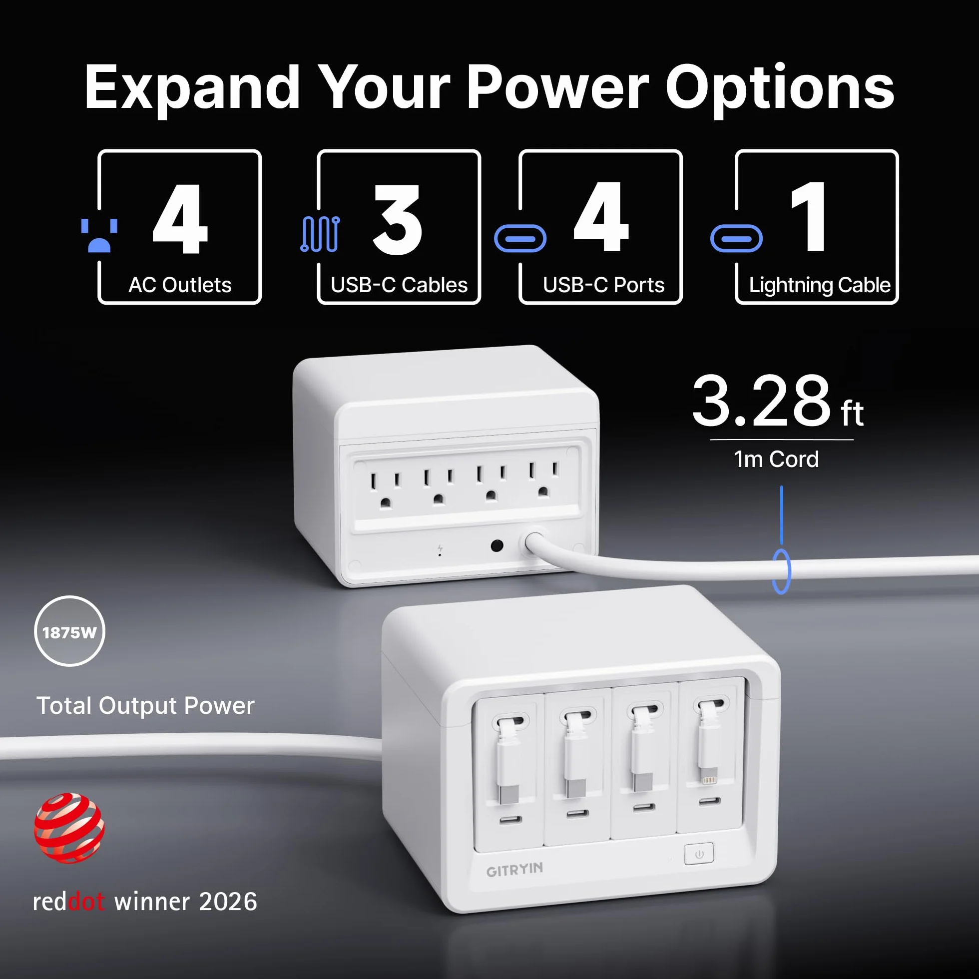 Gitryin Stacja ładująca 12 w 1 z 3 wysuwanymi ładowarkami typu C i 1 ładowarką Lightning, 40 W USB-C z kablem 80 cm, przedłużacz z zabezpieczeniem przed