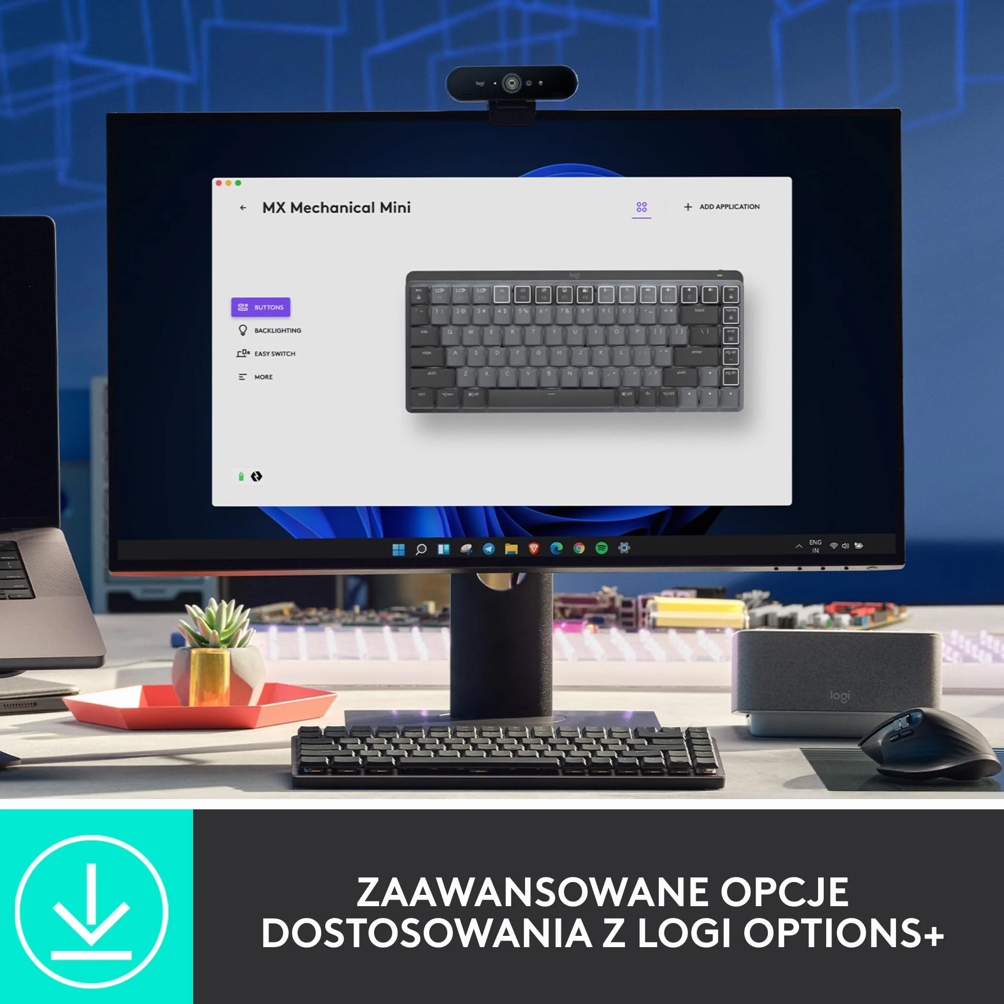 Logitech MX Mechanical Bezprzewodowa Klawiatura Mini podświetlana klawisze Tactile Quiet, Bluetooth, USB-C, macOS, Windows, Linux, iOS, Android, Metal, QWERTY układ US international - Szary