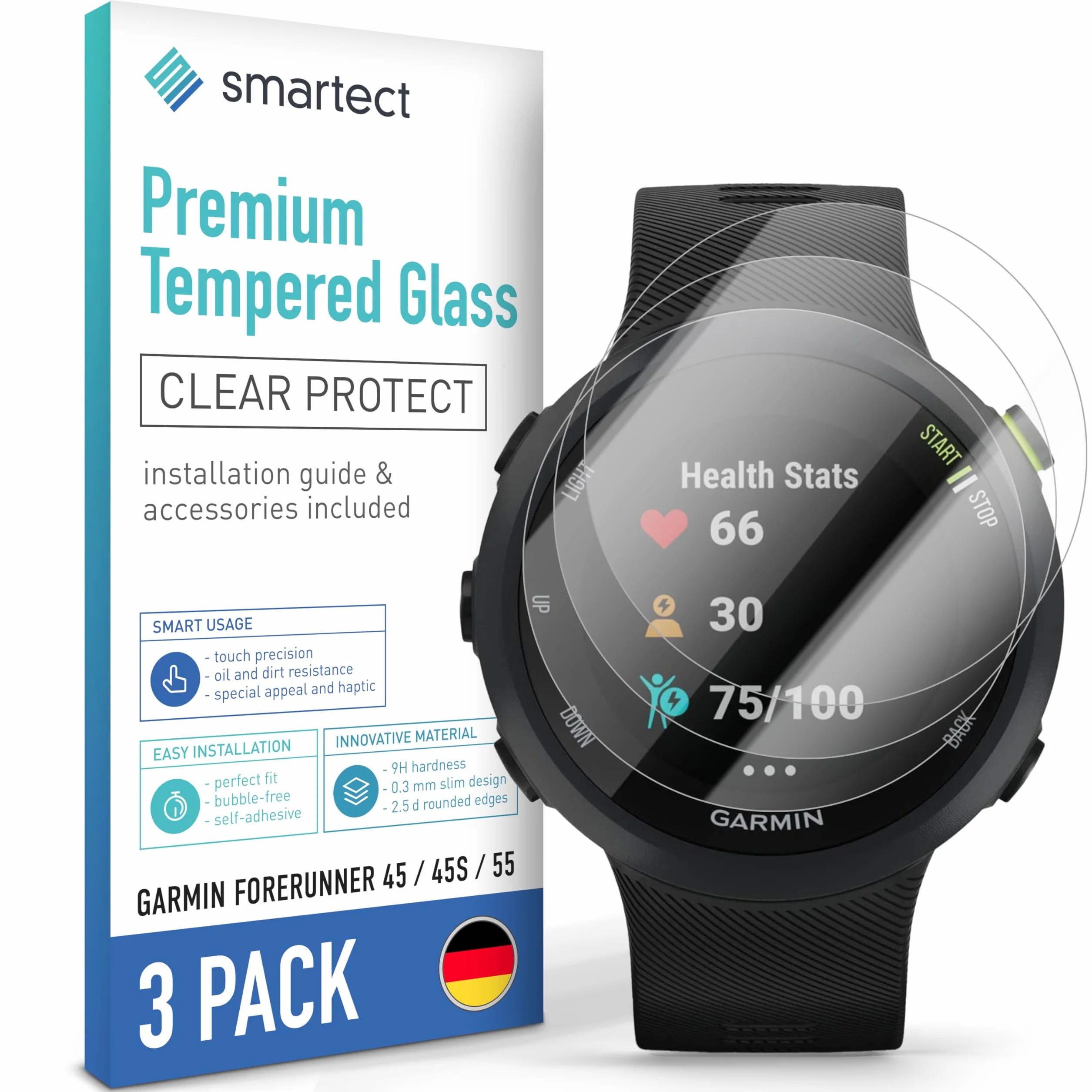 smartect Szkło Hartowane [3 Sztuki, Clear] dla Garmin Forerunner 45 / 45s / 55, Szklana Ochrona Ekranu 9H, Ochraniacz Ekranu bez Pęcherzyków, Bez Odcisków palców