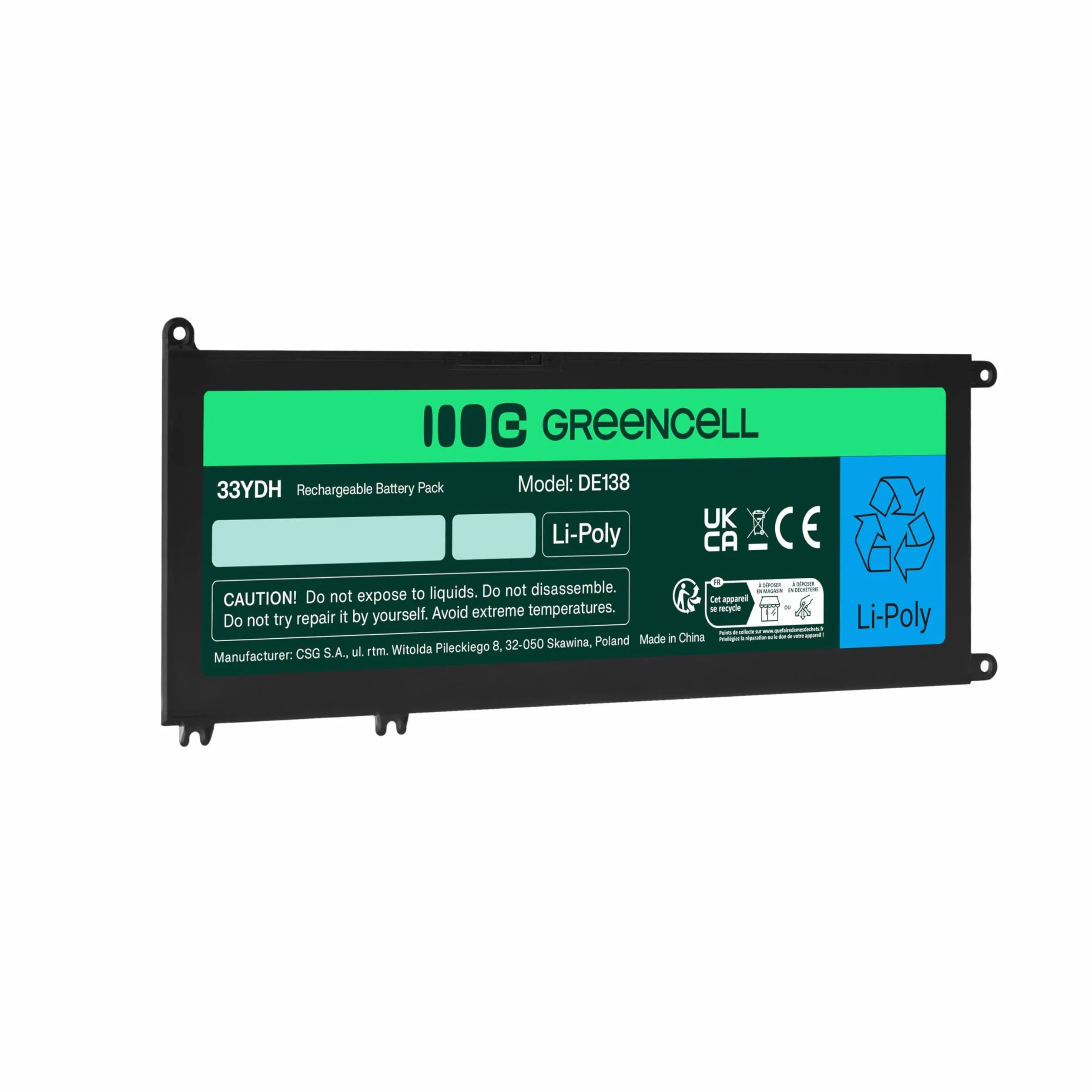 Green Cell Bateria do laptopa 33YDH 99NF2 099NF2 do Dell Inspiron 15 7577 17 7779 17 7778 17 7773 17 7786 Latitude 133380 Vostro 15 7570 7580 (3400 mAh, mAh, 15.2 V, kolor: czarny)