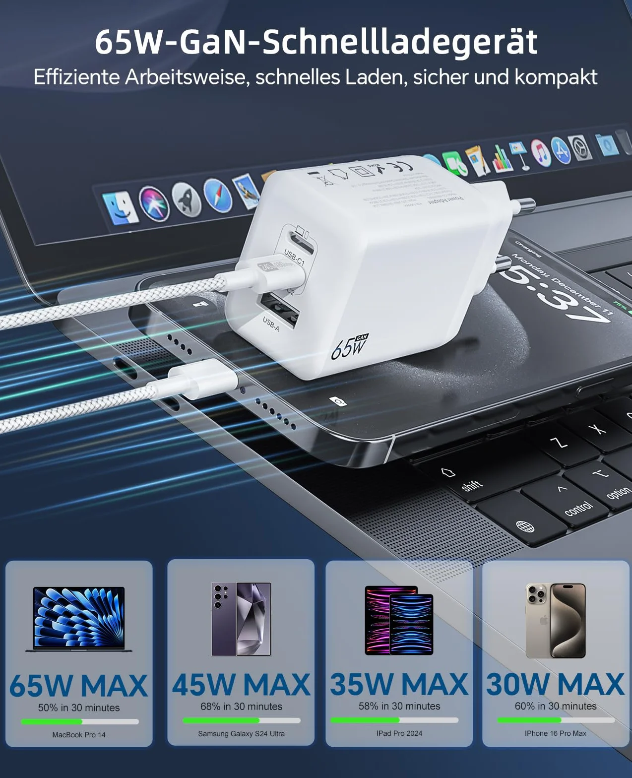 Ładowarka USB C 65 W, 3-portowa, ładowarka PD 60 W, szybkie ładowanie PPS, kompatybilna z iPhone 17/16/15, Samsung Galaxy S25/S24 Ultra, MacBook Pro/Air, iPad, Google Pixel 10/9 itd.