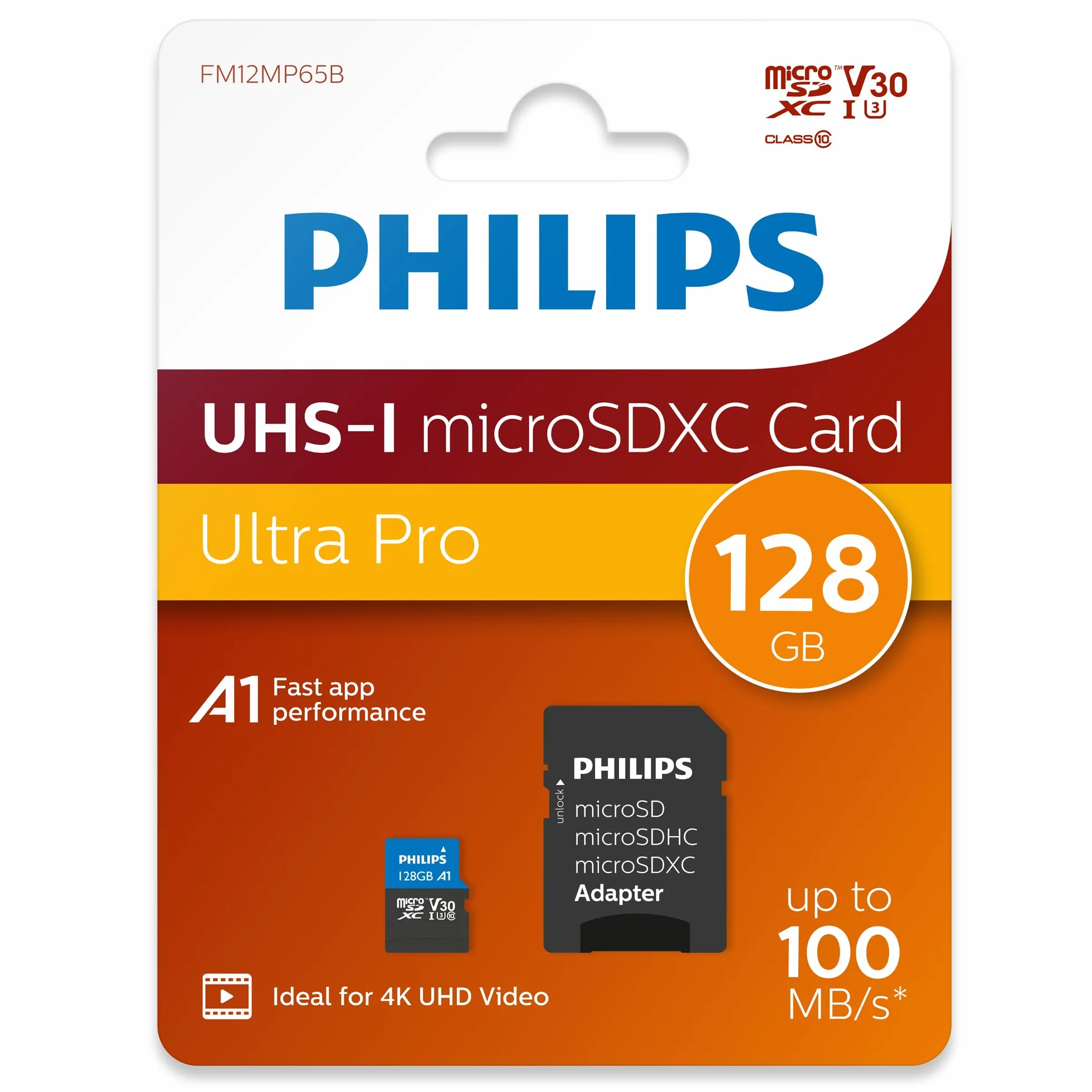 Philips Karta Ultra Pro microSDXC 128 GB + adapter SD UHS-I U3, prędkość odczytu do 100 MB/s, A1 Fast App Performance, V30, karta pamięci do smartfonów, tabletów, PC, czytnik kart, wideo 4K UHD