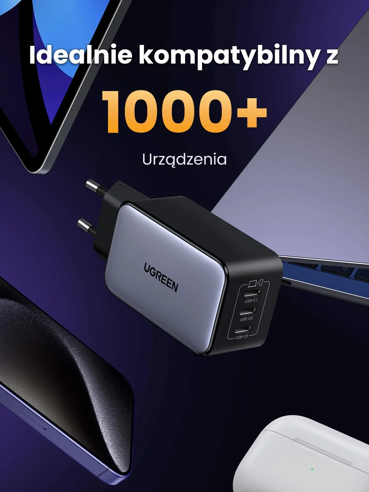 UGREEN Nexode Ładowarka 65 W USB-C z 3 portami USB-C, ładowarka do laptopa | Zasilacz GaN, kompaktowa szybka ładowarka PPS, kompatybilna z MacBookiem Pro, iPhone'em 17 Air, 16, Galaxy S25 Ultra