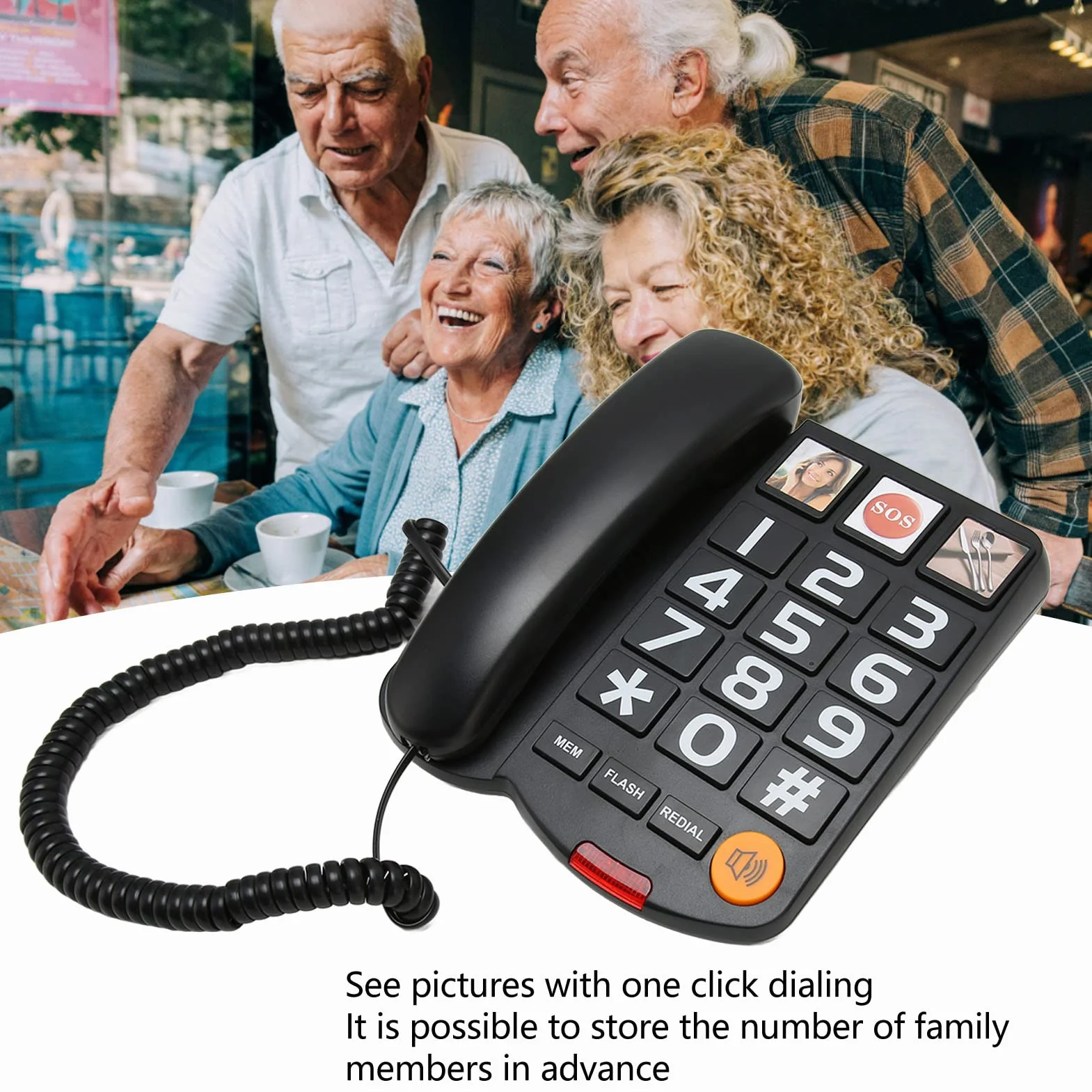 Telefon przewodowy z dużym przyciskiem, wielofunkcyjny telefon stacjonarny z głośnikiem, obsługą SOS, pamięcią telefonu i szybkim wybieraniem, dla seniorów (czarny)