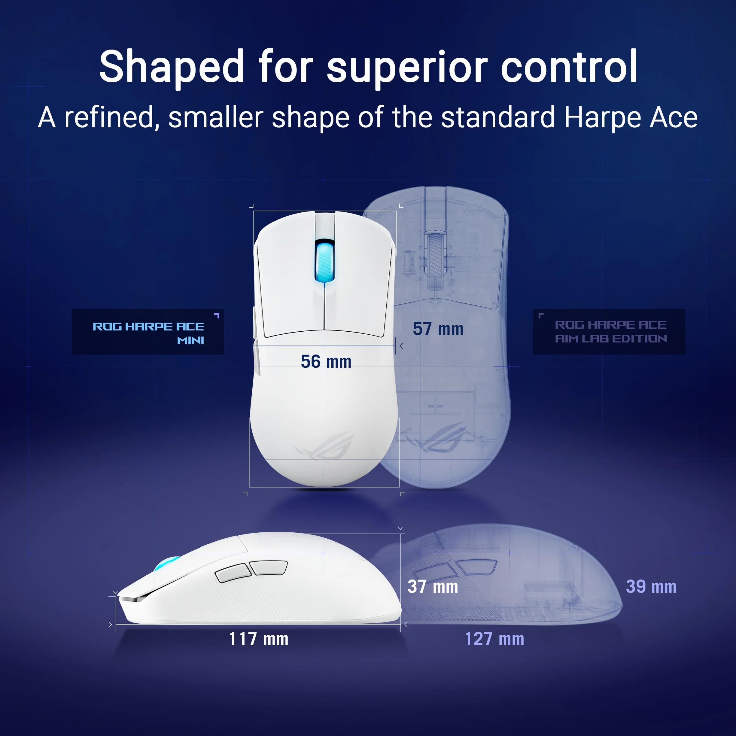 ASUS ROG Harpe Ace Mini bezprzewodowa mysz do gier, 49 g, lekka, czujnik optyczny AimPoint Pro 42K, mikroprzełączniki optyczne, ROG Polling Rate Booster, Esports i FPS, mała, średnia, księżycowa biel