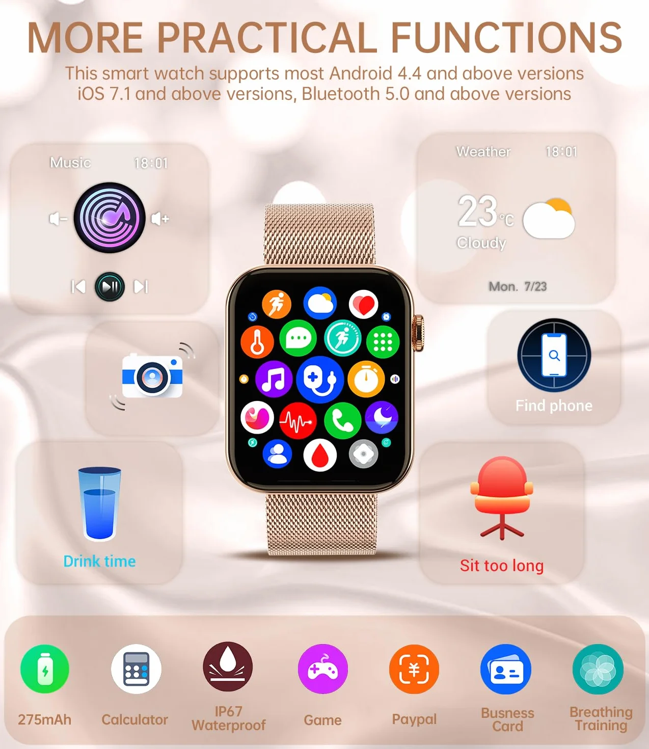 zegarek damski połączony z połączeniami i powiadomieniami, smartwatch damski monitor snu, krokomierz kalorii serca