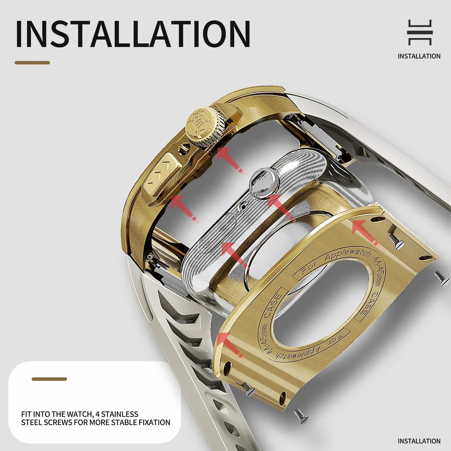 Shellbox kompatybilny z Apple Watch Series 8 7 45 mm / Series 6 SE 5 4 44 mm, ochronny wytrzymały metalowy zderzak ze stali nierdzewnej z paskiem i twardą osłoną ekranu, wytrzymały wojskowy pokrowiec