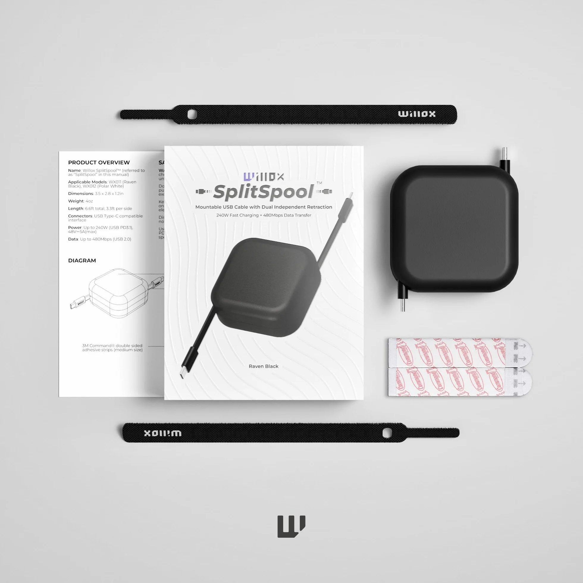 Willox SplitSpool Wysuwany kabel do szybkiego ładowania, 240 W, kompatybilny z USB‑C, niezależny podwójny wyciąg, do 2 m od końca do końca, do iPhone 16/15, iPad Pro, MacBook, Samsung Galaxy (czarny)