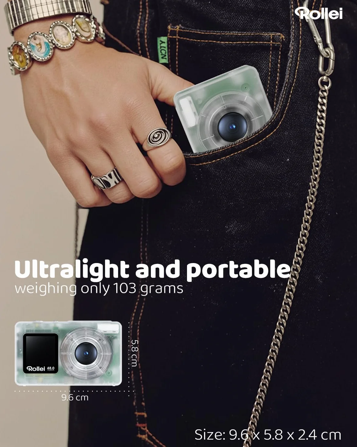 Rollei Compactline Pocket Aparat cyfrowy Przezroczysty zielony Aparat 4K 48 MP z podwójnym ekranem 18-krotny cyfrowy zoom kompaktowy aparat dla dzieci początkujących, aparat cyfrowy