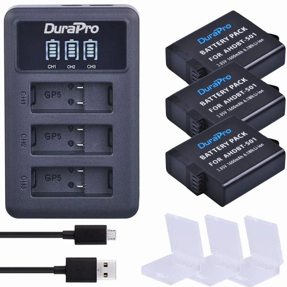 DuraPro 3 szt. baterii do GoPro Hero 7 Hero 6 Hero 5 + szybka ładowarka USB z 3 gniazdami LED z portem typu C do akcesoriów GoPro (kompatybilne z GoPro Hero5 All Firmwares v02.00, v02.01)