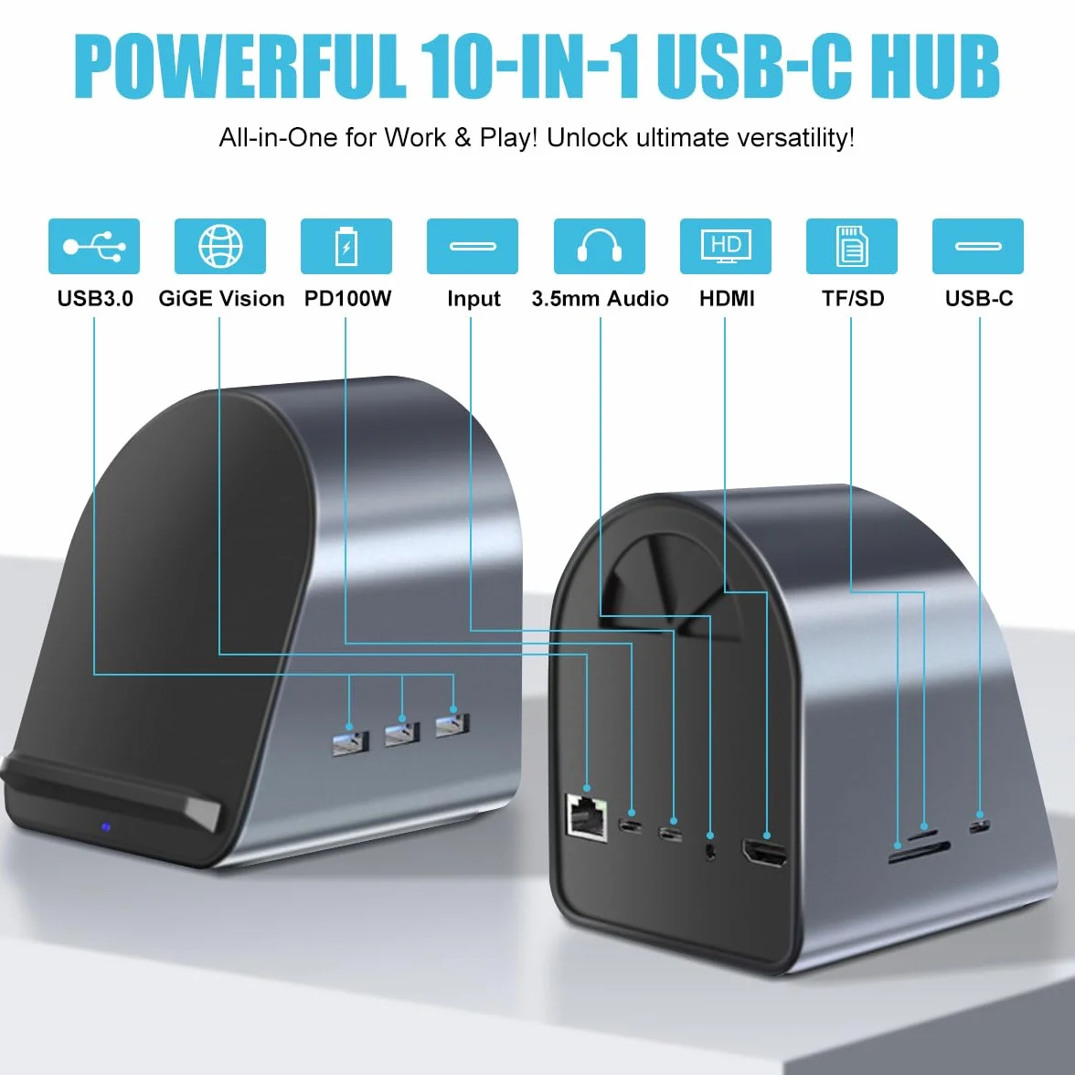 Wielofunkcyjna stacja dokująca USB-C 10 w 1, bezprzewodowe ładowanie, porty USB3.0, PD100W, szybkie ładowanie, 4K, HDMI, SD/TF, pasuje do systemu Windows, Mac, Android, iPad