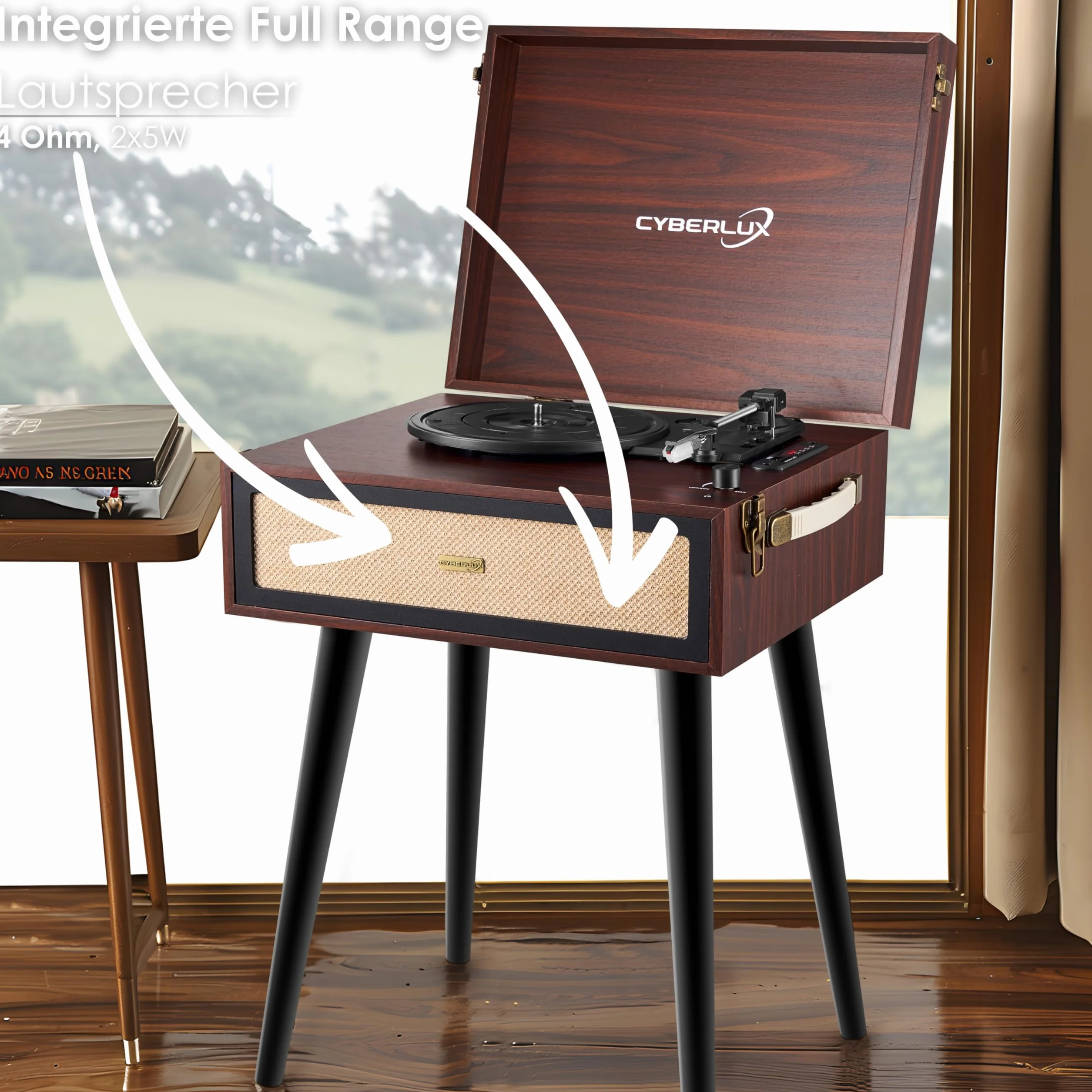 Retro Gramofon ze Stojakiem i Nóżkami - Głośnik Full Range Bluetooth, Radio FM, USB, Wyjście AUX IN, Micro SD - Winylowy Nostalgiczny Odtwarzacz