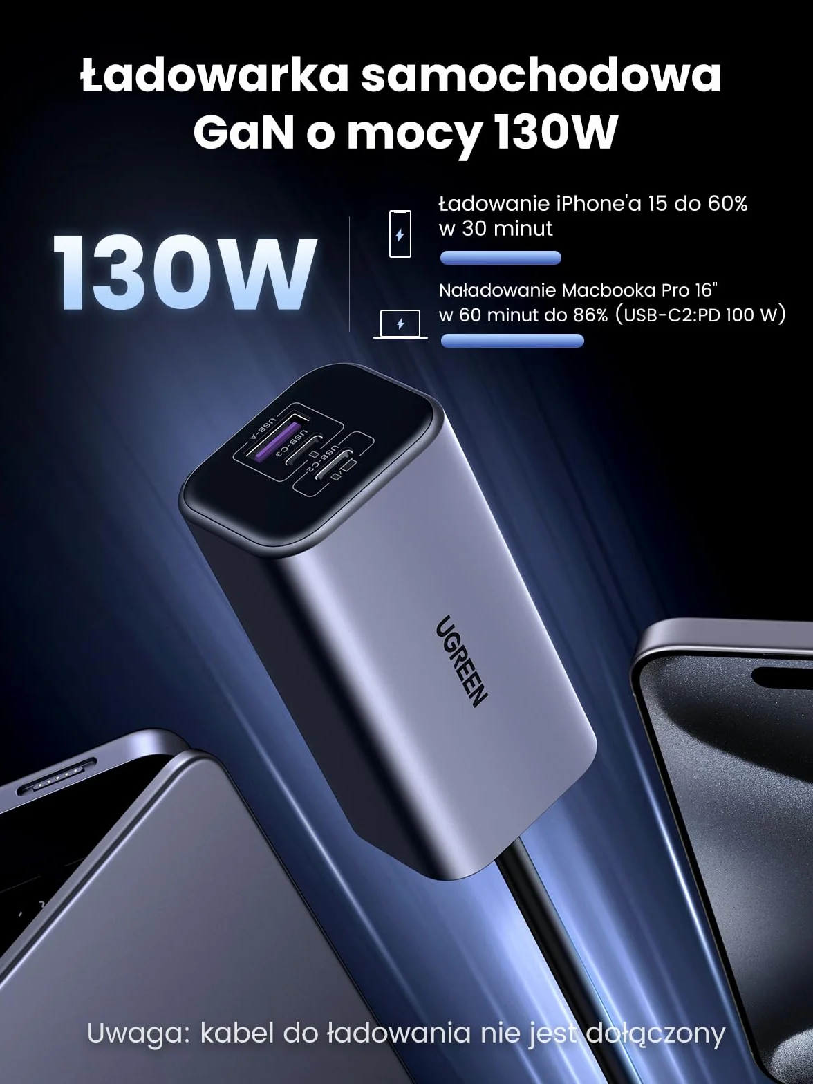 Wyjście USB-C 100W, adapter do gniazda zapalniczki samochodowej, ładowarka samochodowa do iPhone'a, Macbooka, iPada, GPS-a
