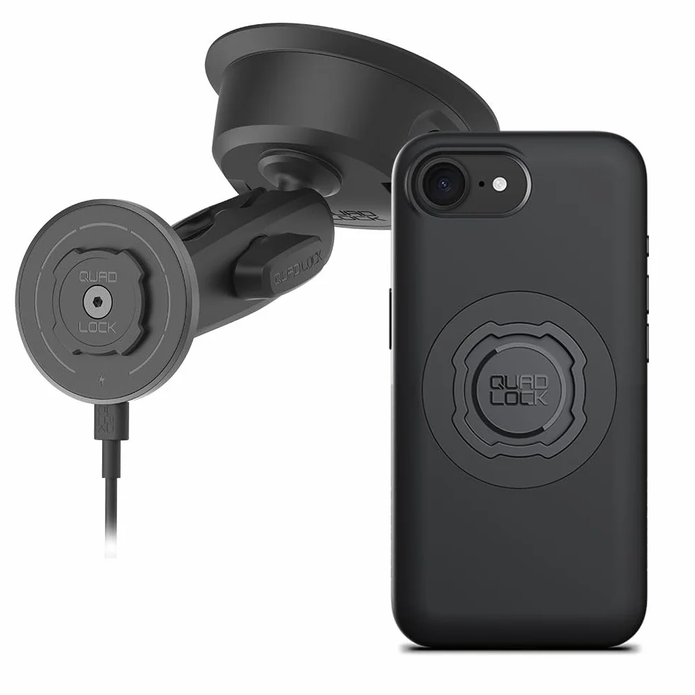 Quad Lock Wytrzymały uchwyt samochodowy na telefon z przyssawką z etui MAG i bezprzewodową głowicą ładującą MAG do iPhone 17e/16e