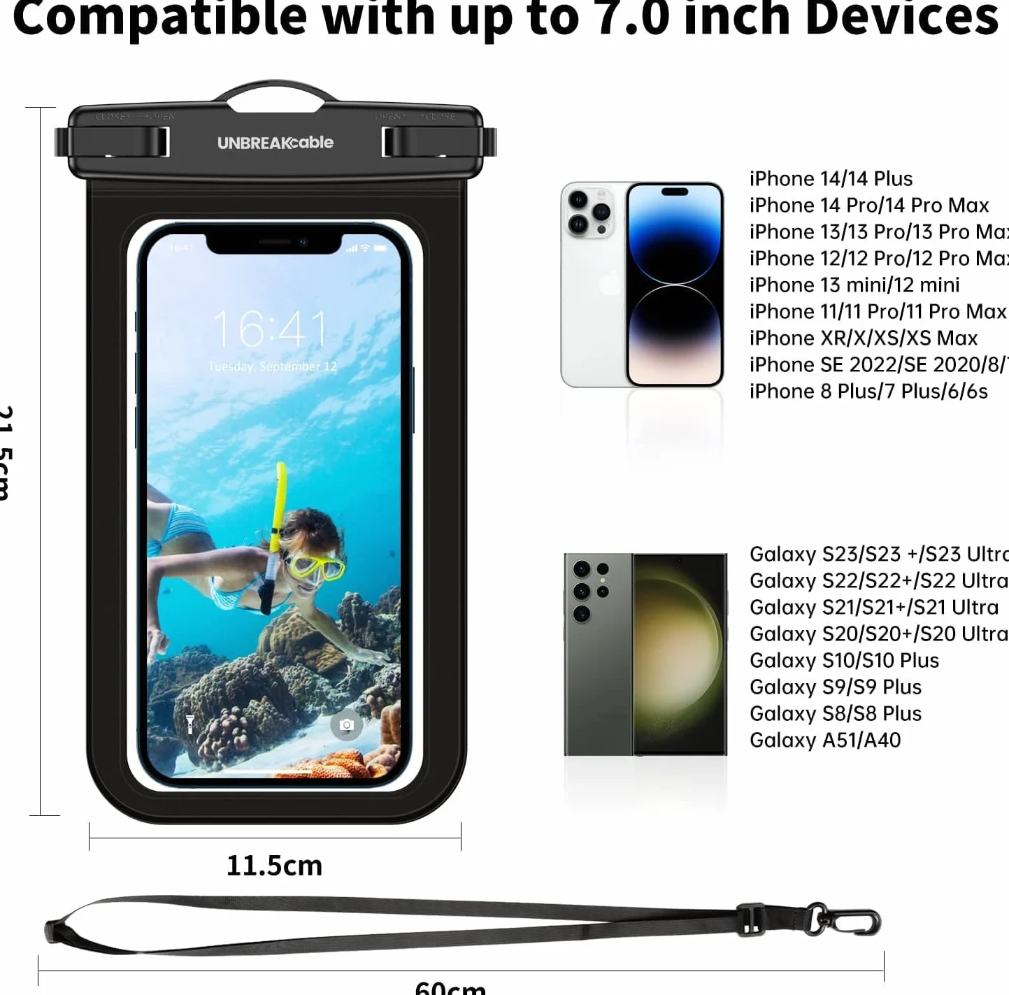 UNBREAKcable Wodoodporny pokrowiec IPX8 do 7,0 cala iPhone 13 PRO 12 11 XS XR SE 8 7 6 Samsung Xiaomi Huawei