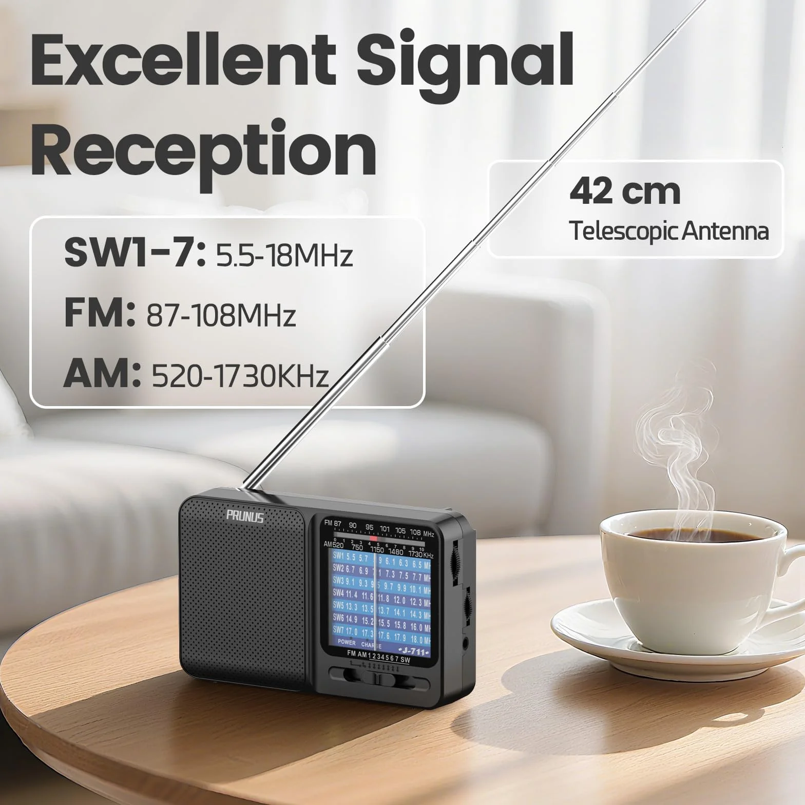 PRUNUS J-711 kieszonkowe radio AM/SW/FM z możliwością ładowania, kompatybilne z bateriami AA i ładowaniem USB-C, doskonały odbiór, gniazdo słuchawkowe, ze sznurkiem na szyję, idealne na spacery i