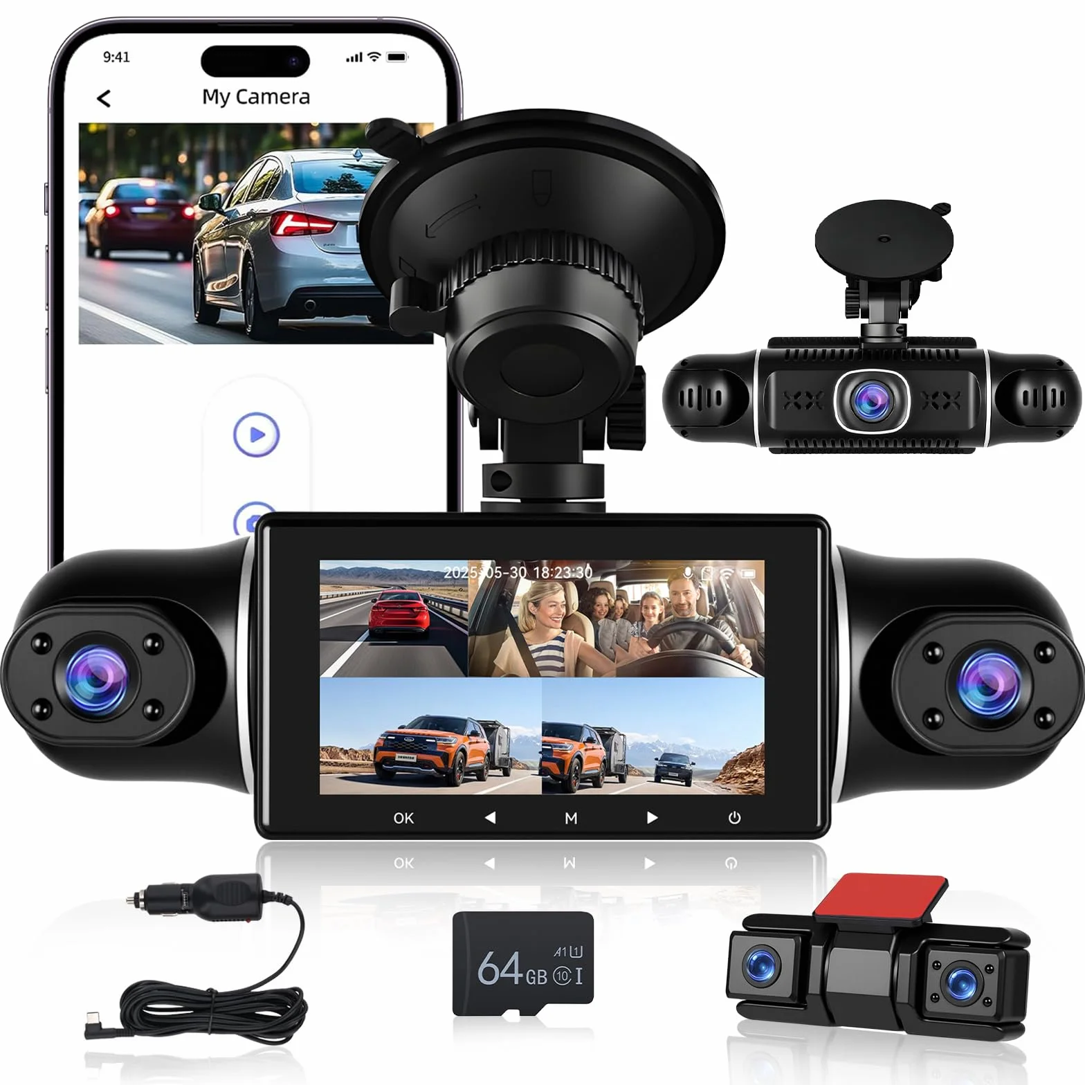 NHOPEEW 1080P 5-kanałowa kamera na deskę rozdzielczą 360° – kamera na deskę rozdzielczą z dwoma kamerami cofania, soczewkami wewnętrznymi i przednimi – nagrywanie w pętli czujnika G, widoczność w nocy