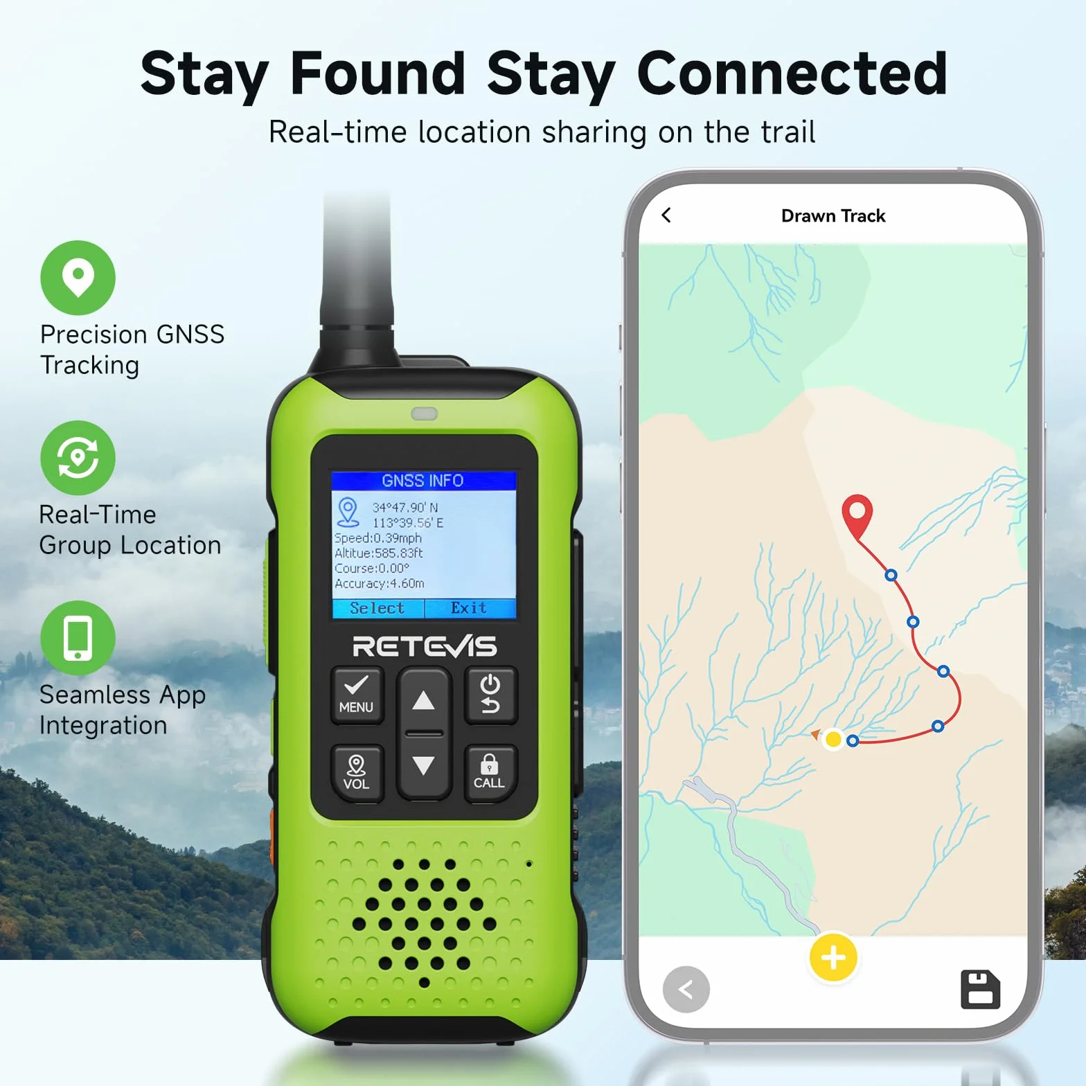 Retevis EZTalk 65 Radiotelefony z Lokalizatorem, Pozycjonowanie GPS+BDS, Programowalne przez APP, Rysunkowa Mapa, Dwubandowa Komunikacja Radiowa do Wspinaczki i Wędrówek Outdoor (1 Para)
