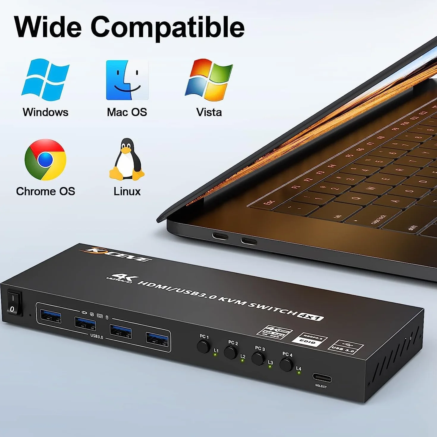KVM Switch 4 PC 1 monitor HDMI symulacja EDID, 4K 60Hz, USB 3.0 KVM Switch HDMI 4 porty do 4 części PC, 1 monitor i 4 urządzenia USB 3.0, z przewodowym pilotem, 5 kabli i zasilaczem sieciowym