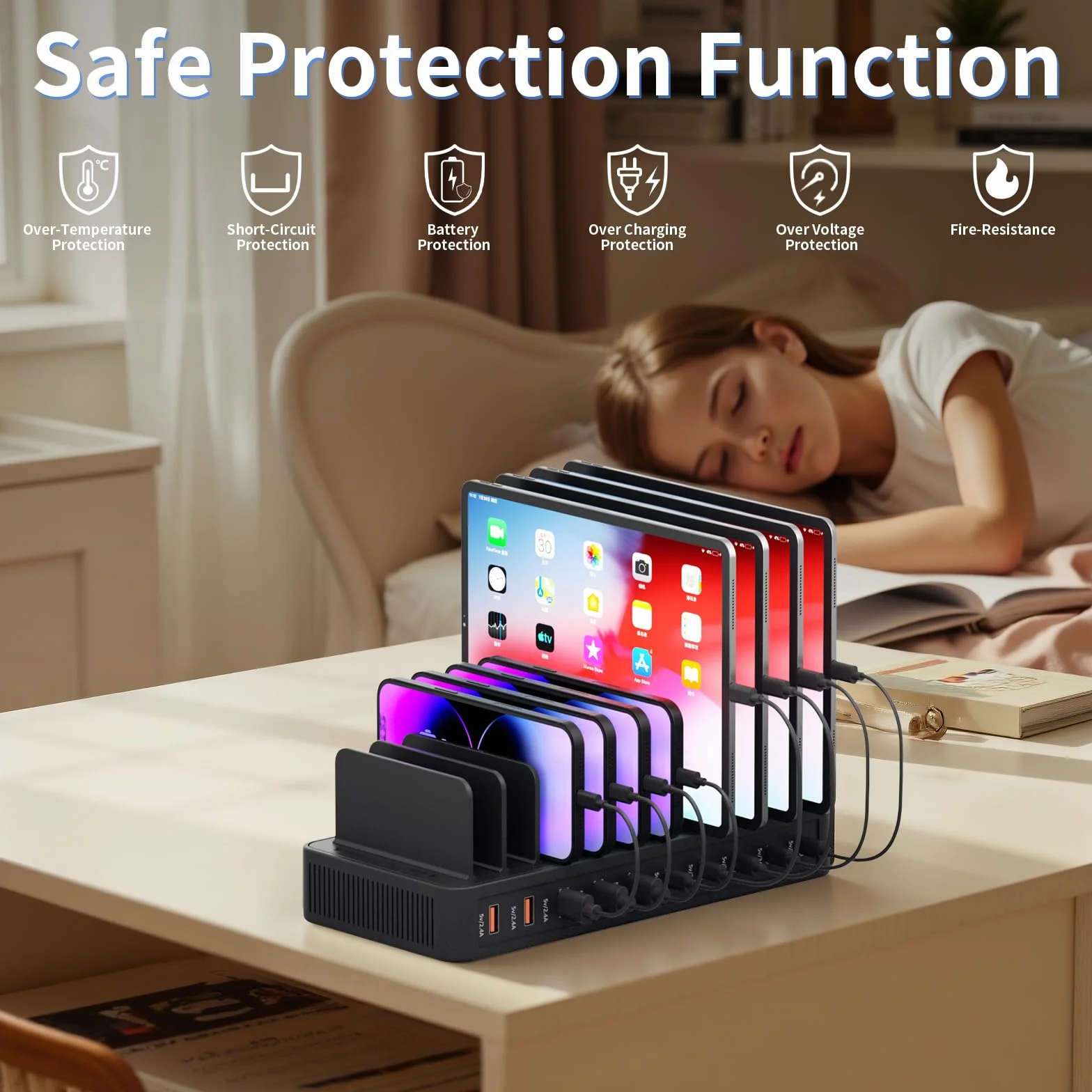 Stacja ładująca 60 W do wielu urządzeń, 10-portowa stacja ładująca USB z regulowanymi przegrodami – stacja ładująca do urządzeń iPhone, Android, iPad, tabletów i innych urządzeń