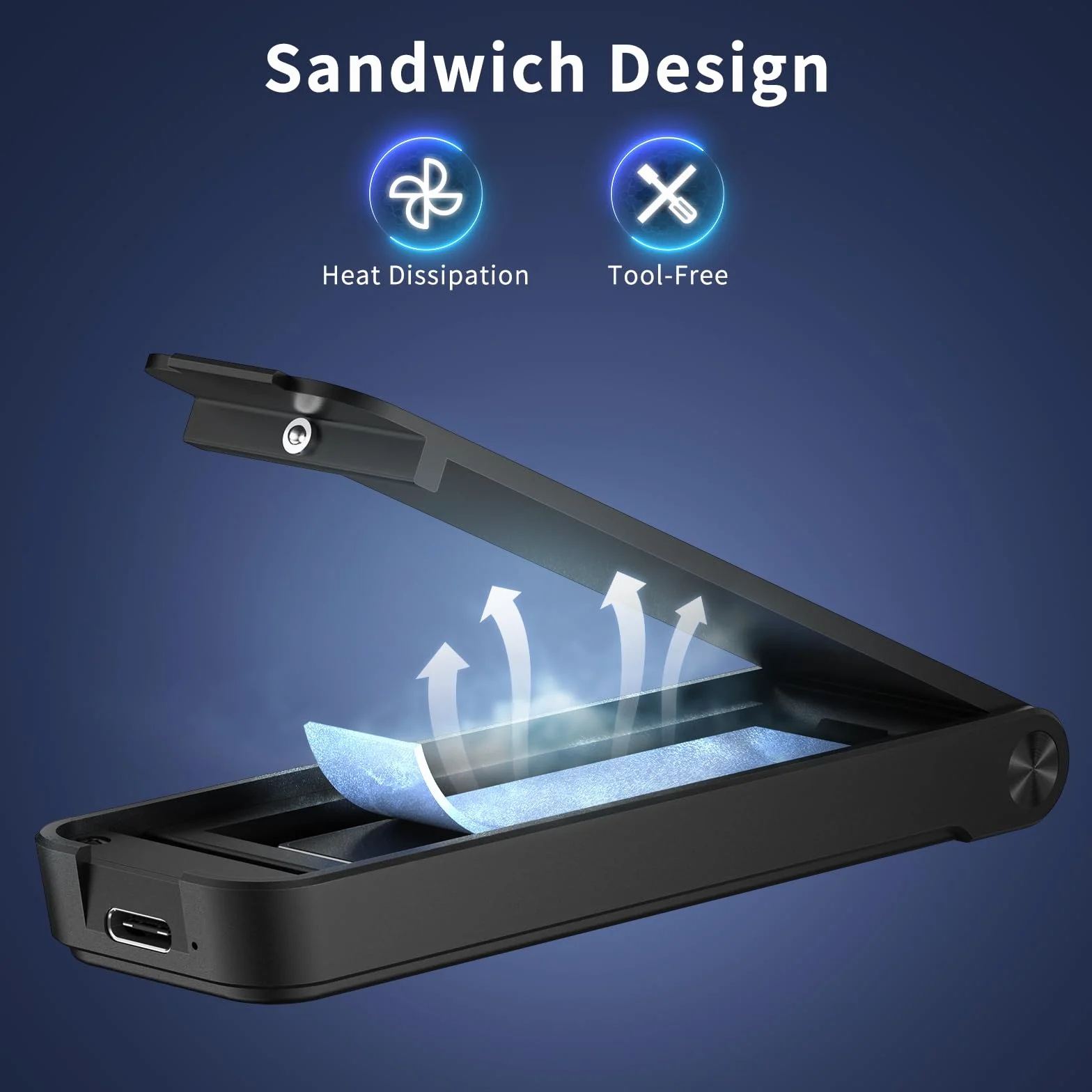 Obudowa M.2 NVMe SSD, adapter USB 3.2 Gen 2 10 Gbps, konstrukcja w stylu sandwich, instalacja bez użycia narzędzi, obsługuje UASP i Trim, niekompatybilna z dyskiem SSD M.2 SATA