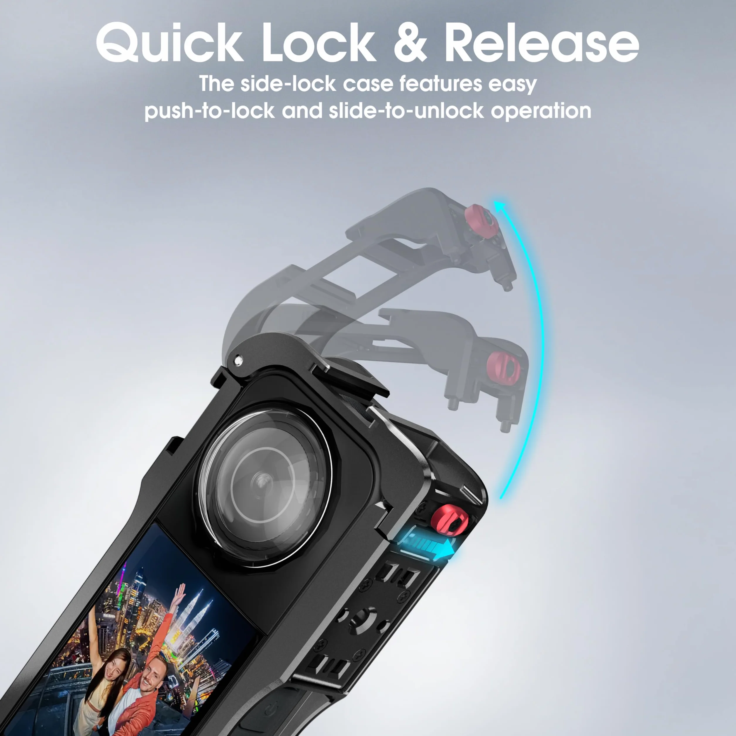 Utility Frame do Insta360 X5, etui na akcesoria Insta 360 X5, klatka ochronna z silikonową pokrywą obiektywu, otwory gwintowane 1/4" i zimne buty, szybkie zamknięcie